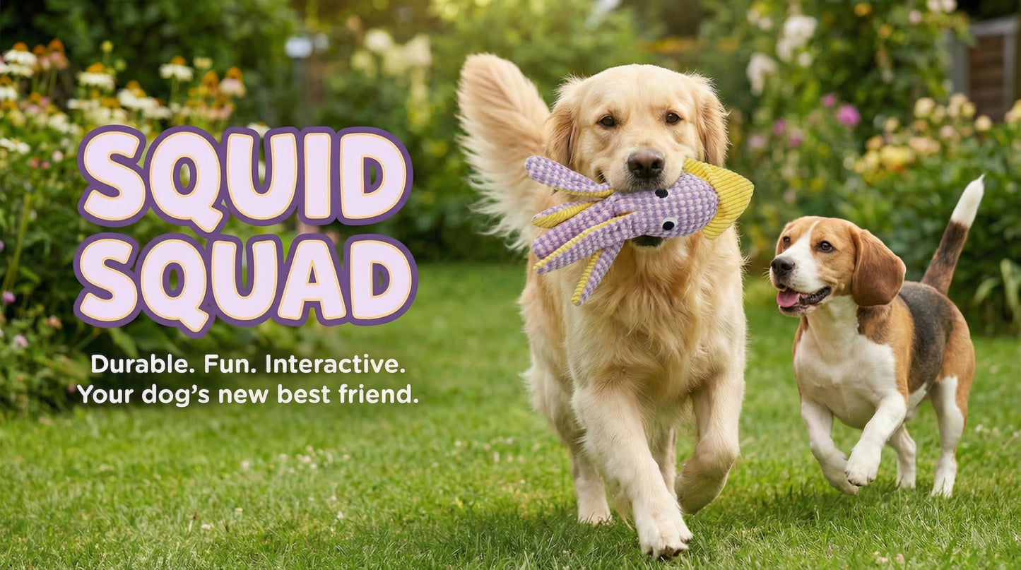 Paw-FECT Piece Soft Plush Squid Dog Toy, with Interactive Squeaker, Crinkle Legs and Fin, Great Companion and Emotional Support Durable Chew Toy, Breeds and Size Dogs