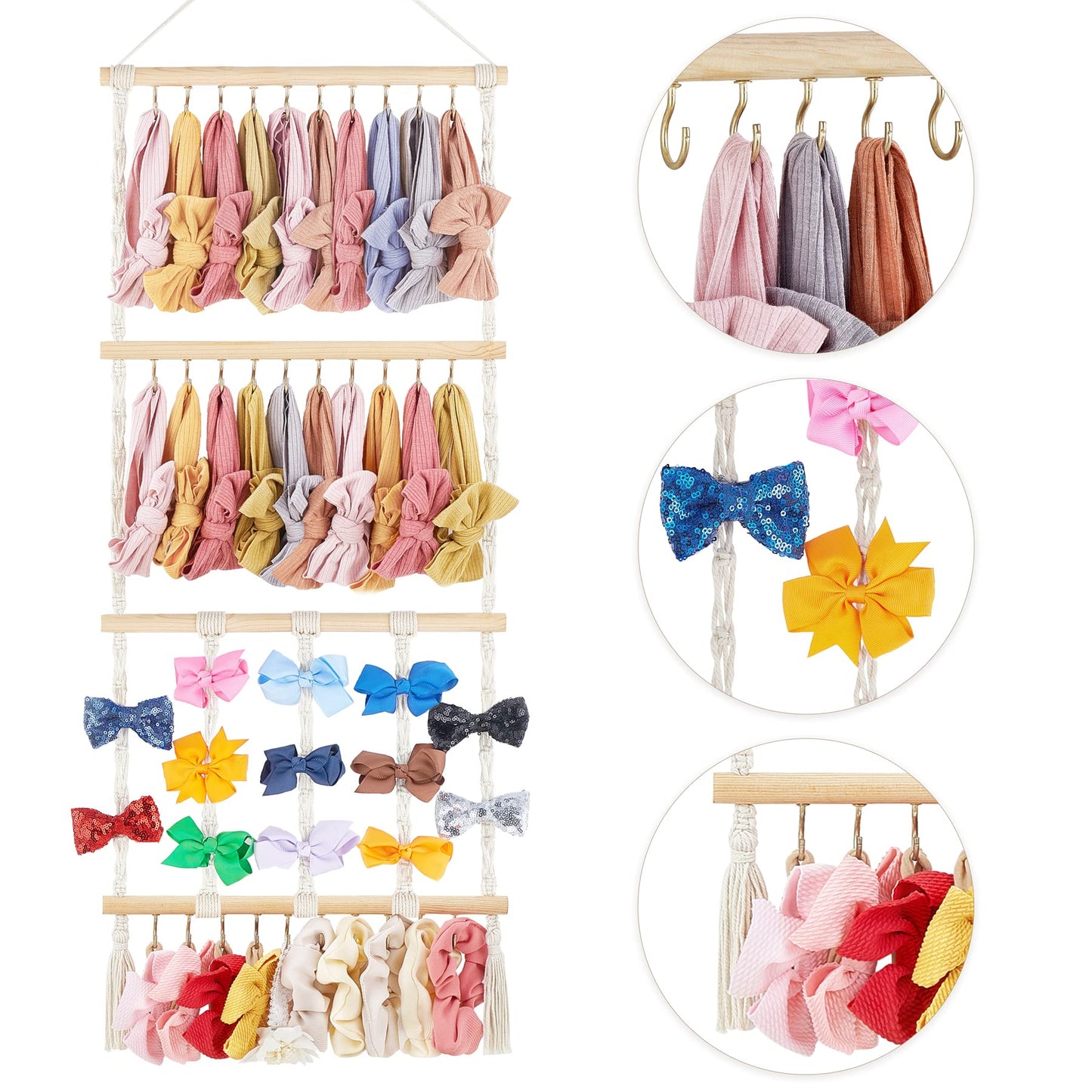 Dahey Hanging Jewelry Organizer Macrame Necklace Holder with 30 Hooks and Macrame Headband Holder with 30 Hooks Boho Nursery Decor for Baby'S Room