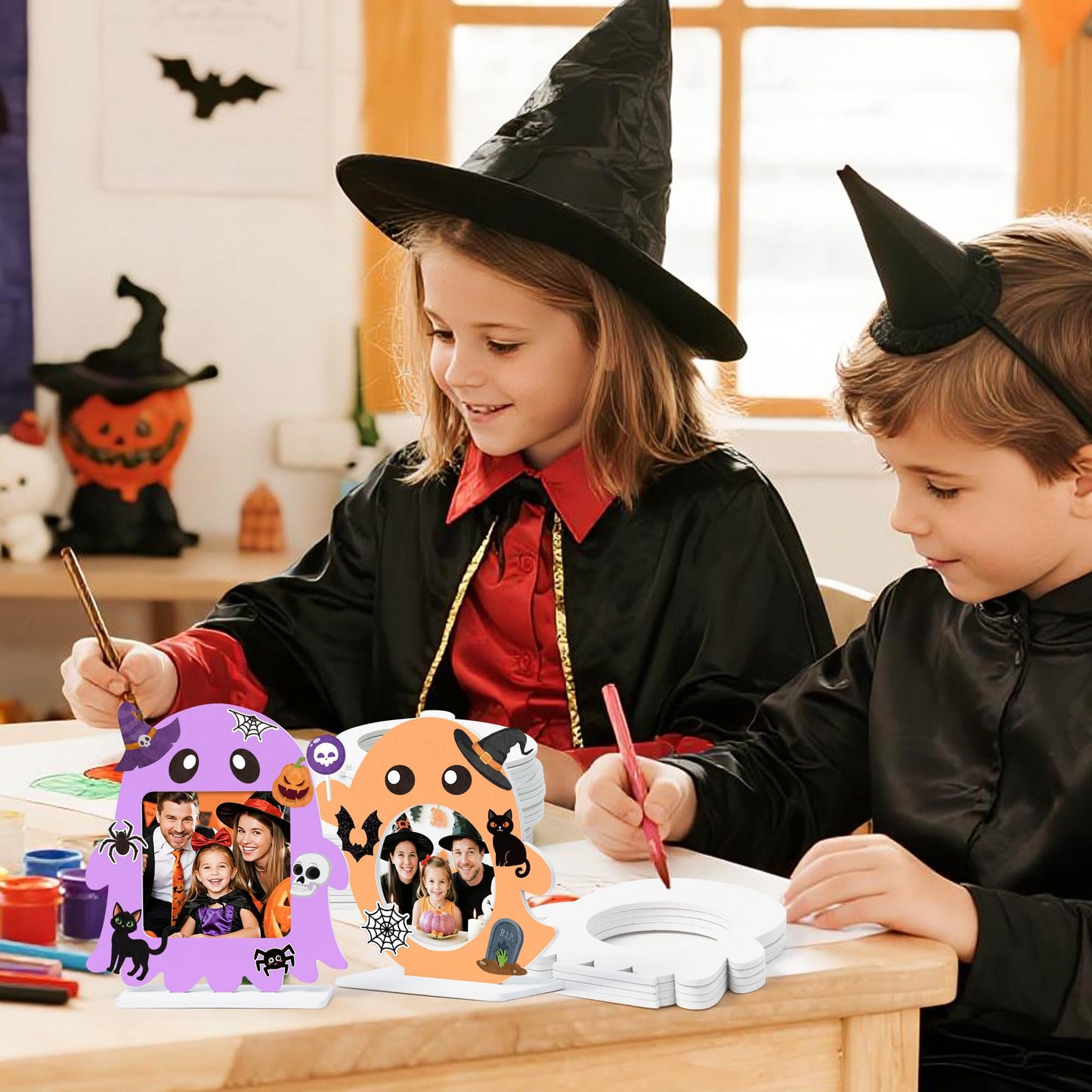 TICIAGA Halloween Ghost Photo Frame Craft - 16 Set Unfinished Halloween Wood Picture Frame Craft Kit with Sticker for Kids Classroom Activities, DIY Trick or Treat Spooky Ghosts Table Decor for Home