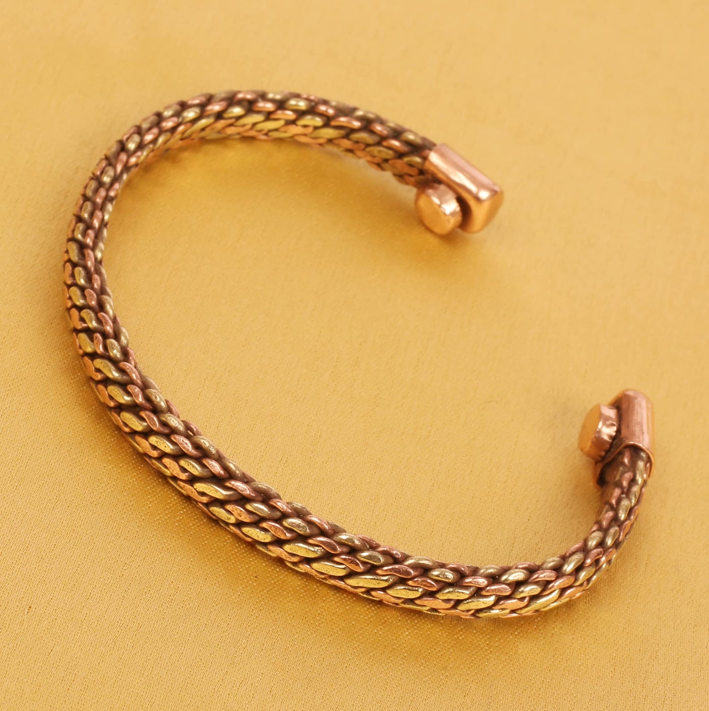 Touchstone Copper Magnetic Hand Forged With Solid And High Gauge Tibetan Style Multi Layer Braid Pattern Minimalistic Elegance Pure Copper Bracelet In Two Tones.