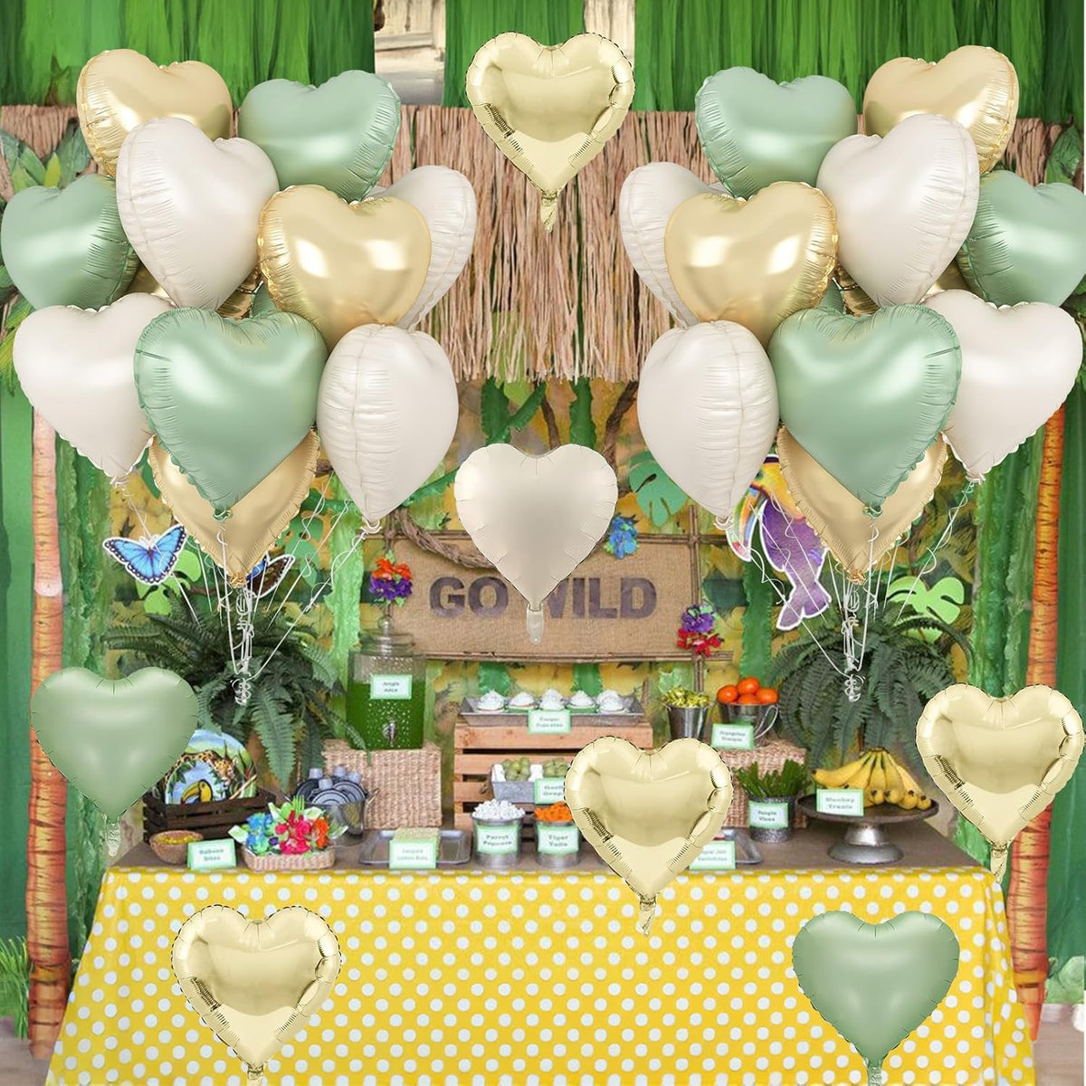 Sage Green Gold Heart Balloons, 12PCS Green Gold Heart Shaped Foil Balloons, 18Inch Green Cream White Heart Helium Foil Balloon for Jungle Woodland Birthday Wedding Baby Shower Party Decoraion