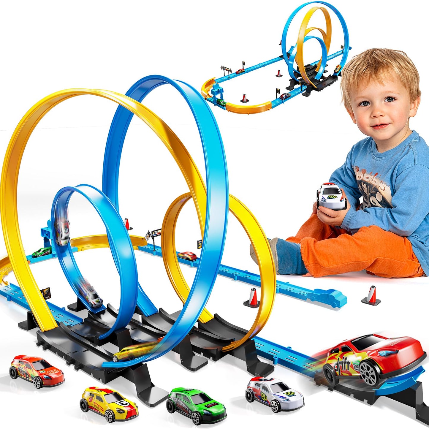 LILYBUDS Toy Car Race Track Set for Boys Kids Age 3-5 4-7, Race Tracks with 4 High-Speed Pull Back Race Cars and Crash Zones, Christmas Halloween Birthdays Gifts Toys for Boys Kids 4-6 8-12 Years Old
