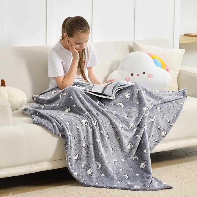 SOCHOW Glow in The Dark Throw Blanket 60 x 80 Inches, Galaxy Stars Pattern Soft Cozy Flannel Fleece Blanket for Sons Daughters, All Seasons Grey Presents Blanket for Preteens Teens