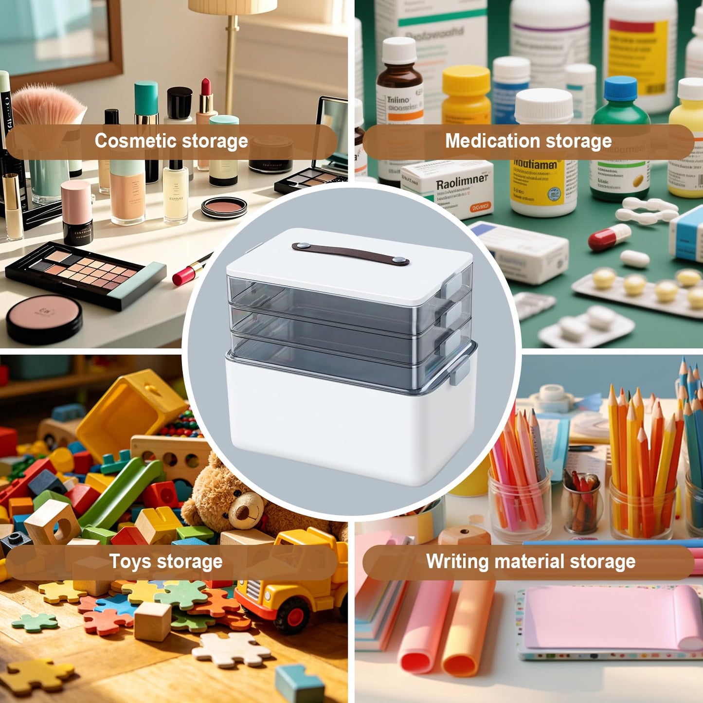 MOPUP 4-Tier Medicine Craft,Sewing,Art,Organizer Storage,Portable Latch Bin with Lid and Leather Handle,Pill Bottle, First Aid,Multipurpose Organizer with Removable Tray,A Household Essential