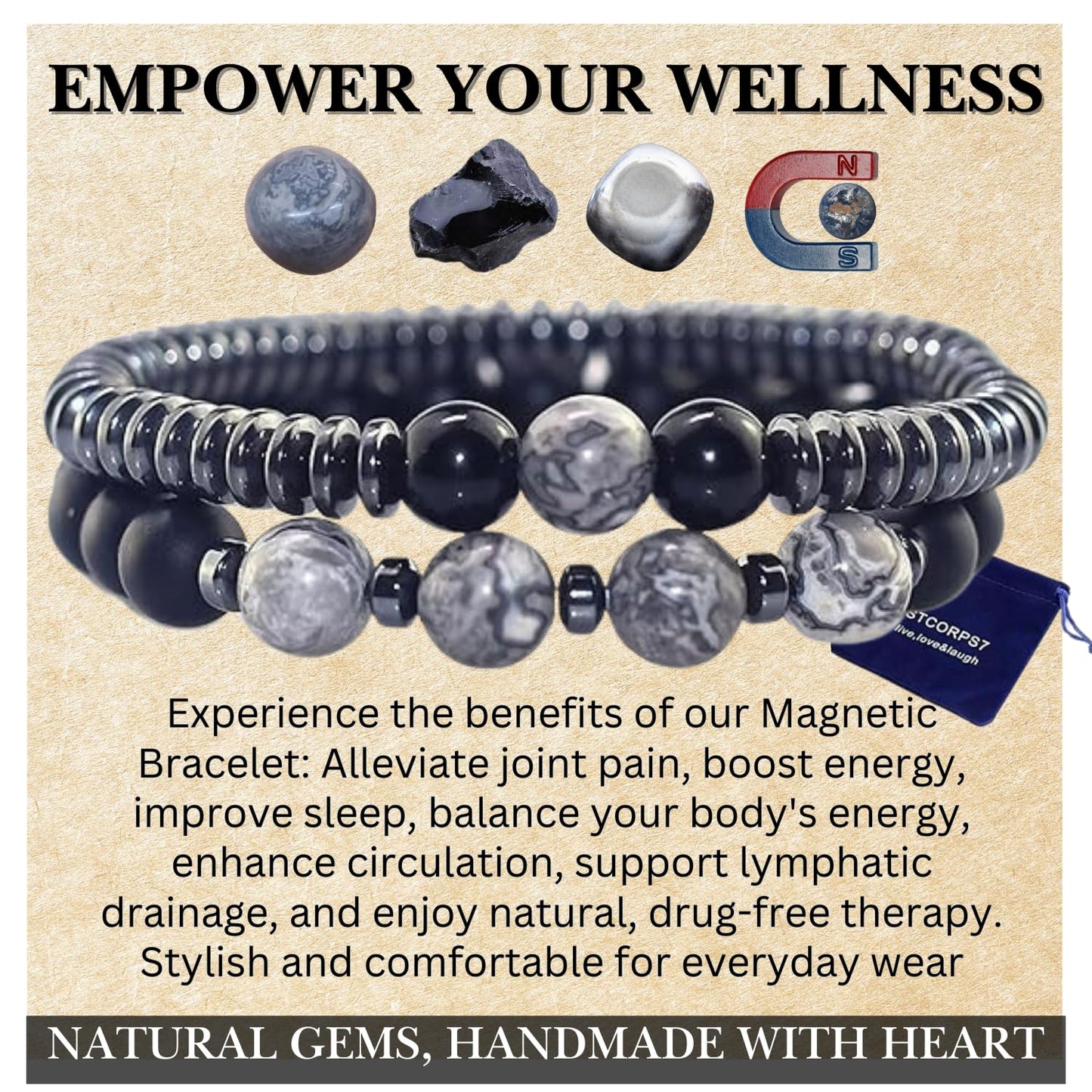 STCORPS7 Gifts for Women, Gifts for Women, Magnetic Bracelet Arthritis Energy Healthy Jewelry Therapy for Sleep, Hematite Bracelet, Crystal Jewelry Bring Luck, Prosperity and Happiness