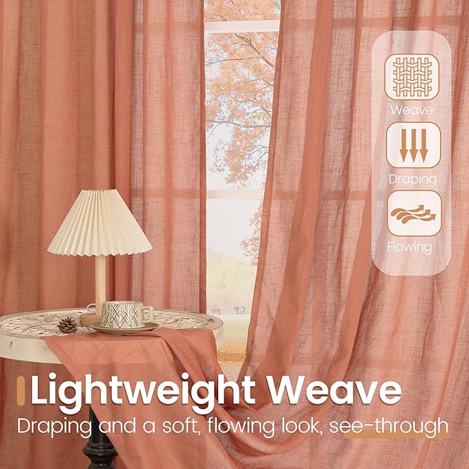 BGment Terracotta Short Linen Curtains 48 Inch Length, Burnt Orange Light Filtering Drapes Semi Sheer with Rod Pocket Rustic for Small Living Room Bedroom Lightweight, 2 Panels Set, Each 42 Inch Wide