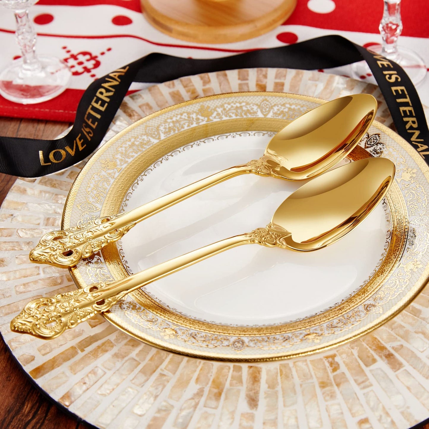 KEAWELL 2-Piece Gorgeous Large Serving Spoon, 18/10 Stainless Steel, Fine Large Serving Spoon, Sturdy Tablespoon, Dishwasher Safe, 9.4" (Gold)