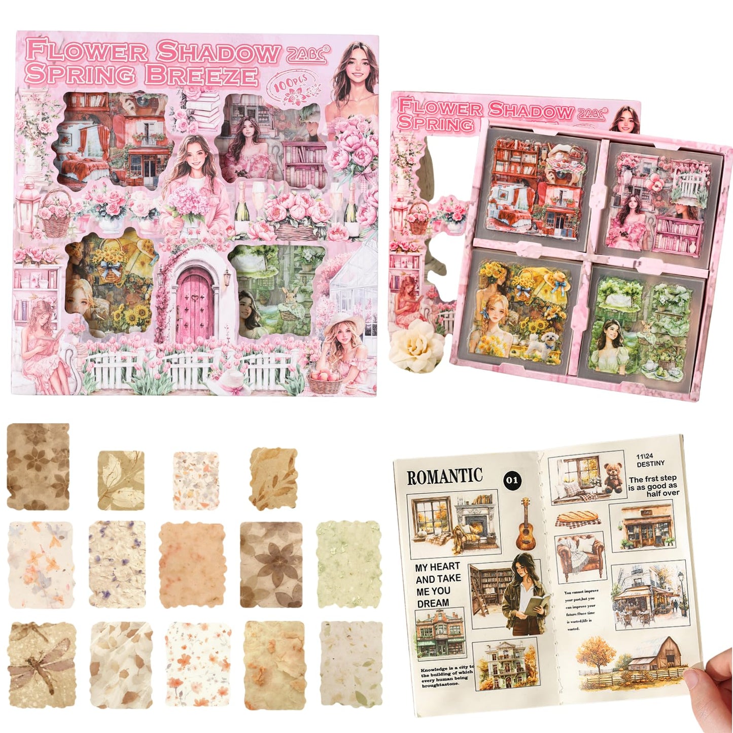 Cullevo 600PCS Spring Floral Scrapbook Stickers – Flower Shadow Spring Breeze Edition with Characters, Junk Journal Supplies + 28PCS Retro Background Paper & A6 Kraft Notebook