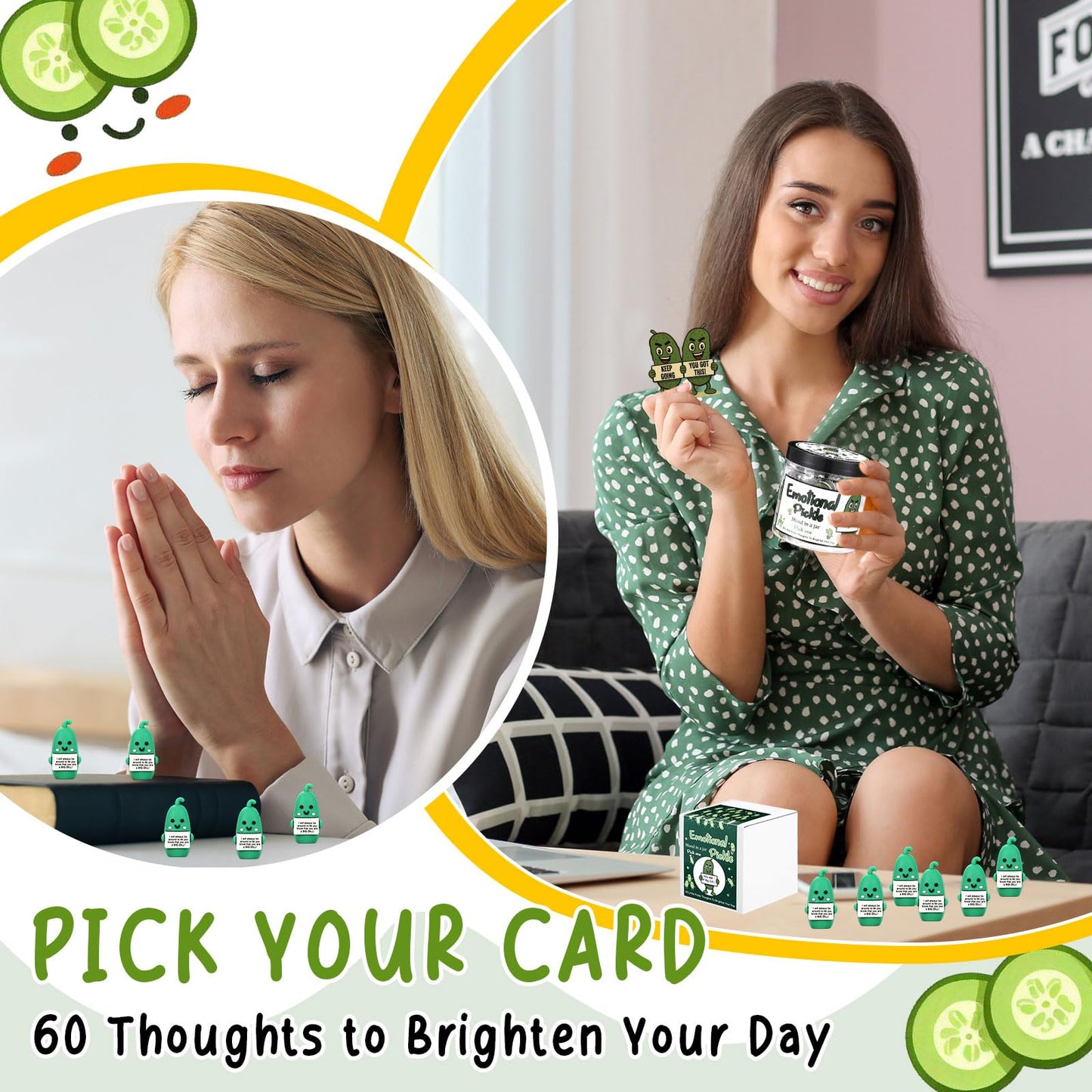 Gejoy 60 Pcs Positive Gifts Emotional Comfort Pickle Card Jar with 5 Mini Rubber Pickle Figurines Christmas Affirmation Birthday Encouraging Motivational Gift for Coworkers Colleague Staff Women Men