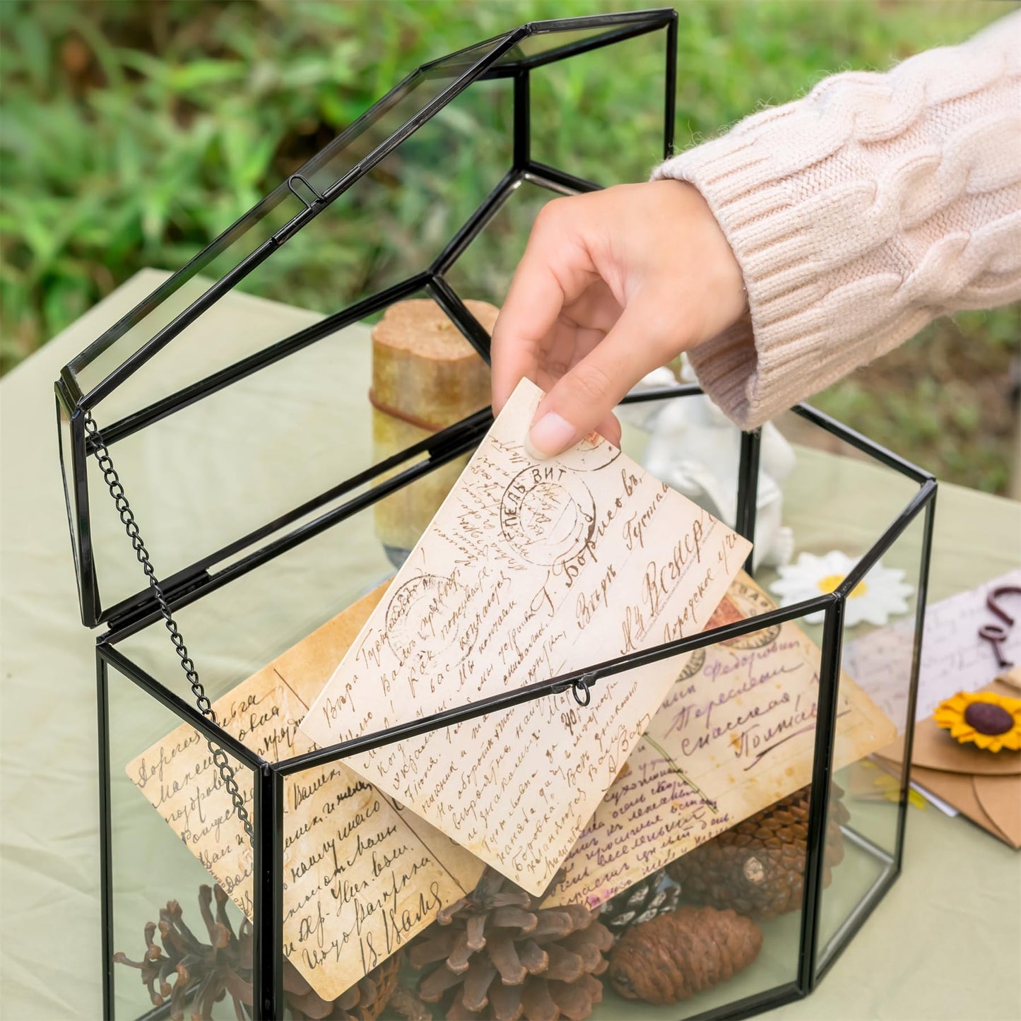 NCYP Gothic Glass Box with Swing Lid and Lock, Geometric Keepsake Card Display Organizer for Wedding Party - Halloween Decoration, Black Coffin-Shaped, 10.4" x 5.7" x 7.5" (Glass Box Only)