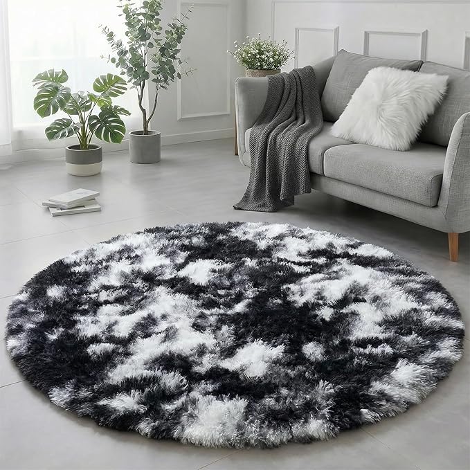 Amdrebio Black White Grey Round Rug 5Ft Circle Area Rugs for Living Room Bedroom, Fluffy Fuzzy Shaggy Furry Rugs for Kids Room Dorm Home Office, Shag Plush Floor Modern Cool Carpet for Men Teen Boys