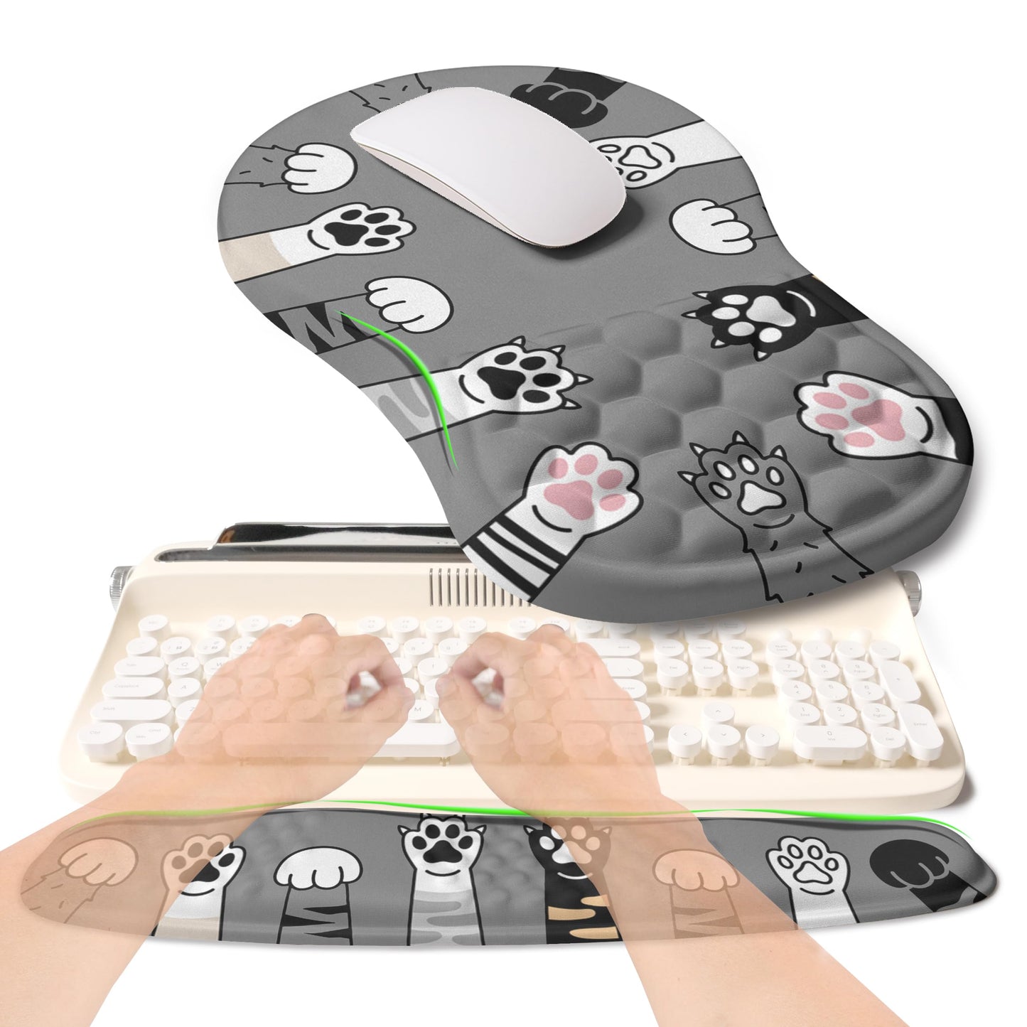 KUOSGM 2-in-1 Ergonomic Set, Wave Rise Keyboard Wrist Rest and Massage Bulge Slope Mouse Pad Wrist Support, Cushion Memory Foam Integrated to Relieve Wrist Pain, Cute Cat Paws