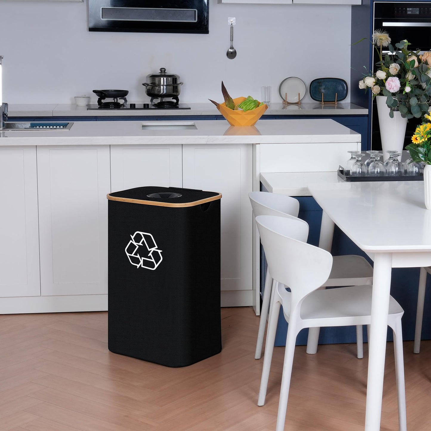 efluky Recycling Bin for Kitchen 26 Gallon, 100L Recycle Bin with 2 Removeable and Reusable Inner Bag, Large Recycling bin with lid for Bottle Can Plastice Stickers (Black)