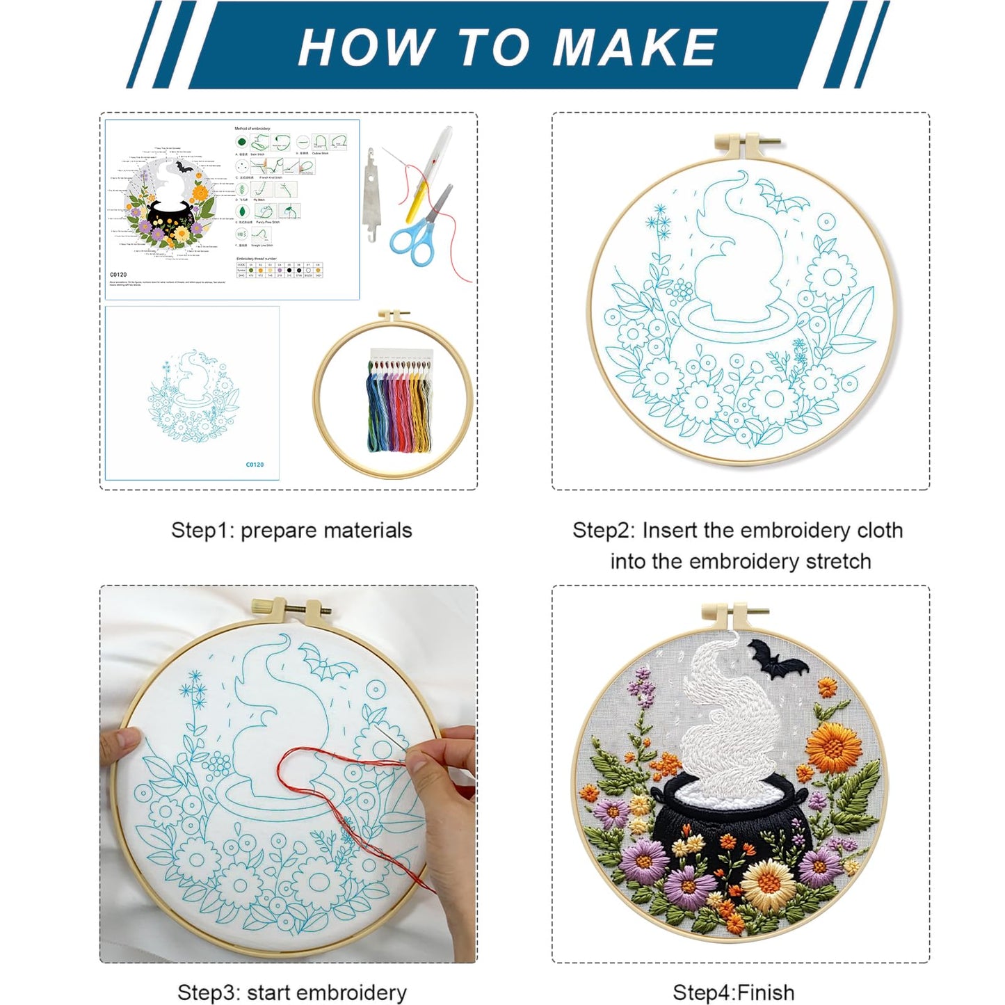 Zhenqing 4-Piece Halloween Embroidery Kit for Beginners - Spooky Ghost, Witch Hat, Black Cat & Cauldron Designs with Pre-Printed 29x29cm Cotton Fabric, Hoop, Threads & Tools(C0165)