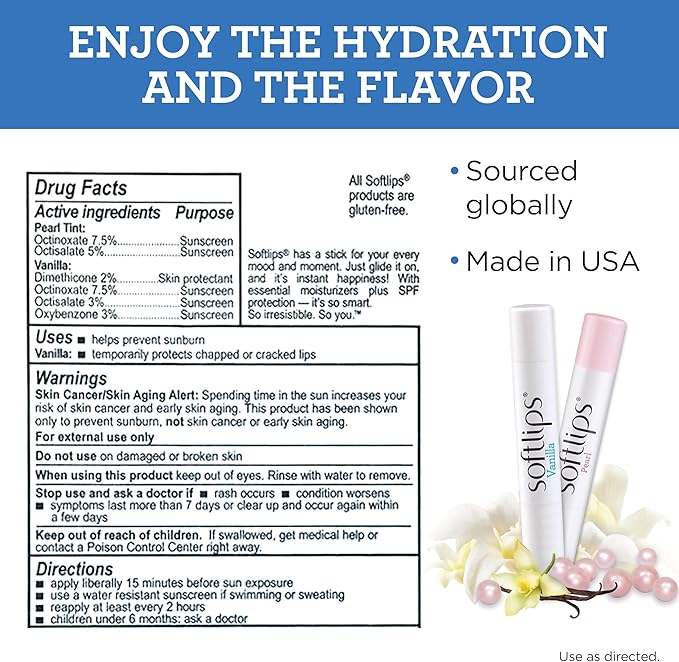 Softlips Daily Lip Moisturizer For Very Dry Lips With SPF, Pearl Tint & Vanilla Flavor Lip Balm, Hydrates, Soothes & Prevents Dry, Chapped Lips, Smooth Glide Formula, Dermatologist Tested, Pack of 2 Chap Sticks