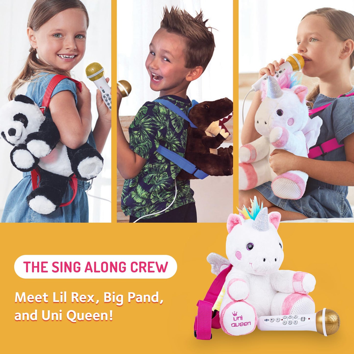 Singing Machine Portable Karaoke Machine for Kids, Plush Toy Backpack with Microphone - The Sing Along Crew, Uni Queen (White & Pink) - Built-In Karaoke Speaker with Songs, Sound Effects, & Recorder