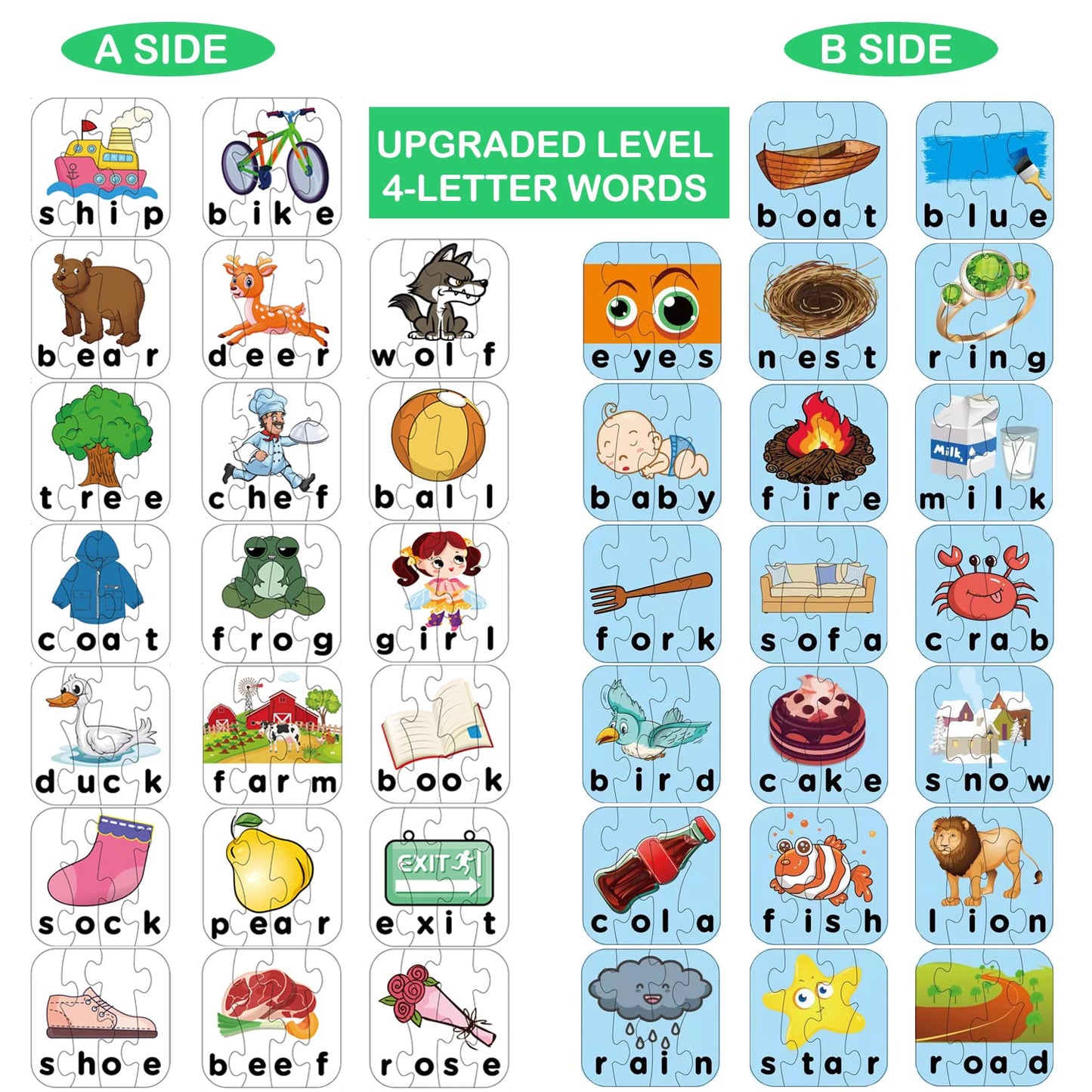 80 Words Self-Correcting Spelling Puzzles, Double-Sided Three and Four Letter Words with Matching Images, Perfect for Kids Age 3+ Year Old