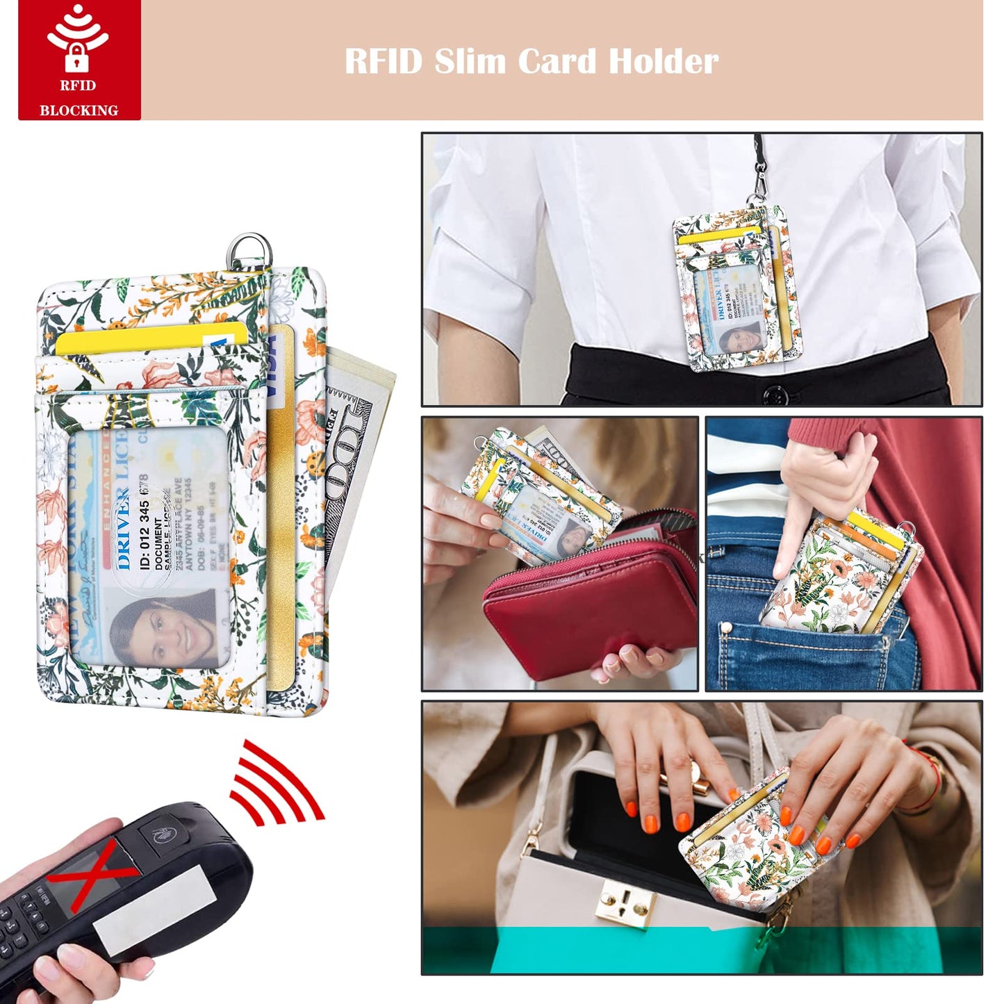 Coco Rossi Slim Front Pocket Wallet RFID ID Card Holder Cute Small Wallet with Wrist Lanyards Key Chain Holder for Women,White Flowers