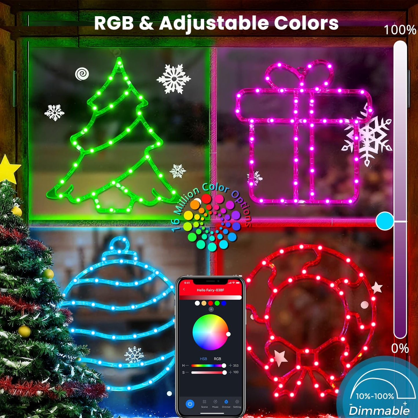 RESHAKE 4 Pack Smart Christmas Window Lights, RGB LED Silhouettes Light, Xmas Tree, Wreath, Gift Box & Ball with Music Sync, APP Control, Timer & DIY Mode for Indoor Outdoor Holiday Decor