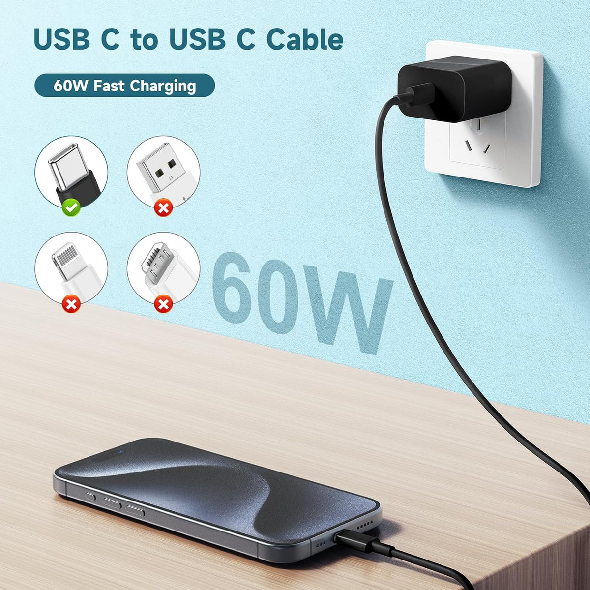 [3+6+10FT] 60W USB C to C Cable 3Pack iPhone 15 Fast Charging Cable,USB-C to USBC Power Cord for iPhone 15/15 Pro/15 Plus/15 Pro Max,MacBook Pro Air/IPad Air 4/5/iPad Pro 12.9/11(Black)