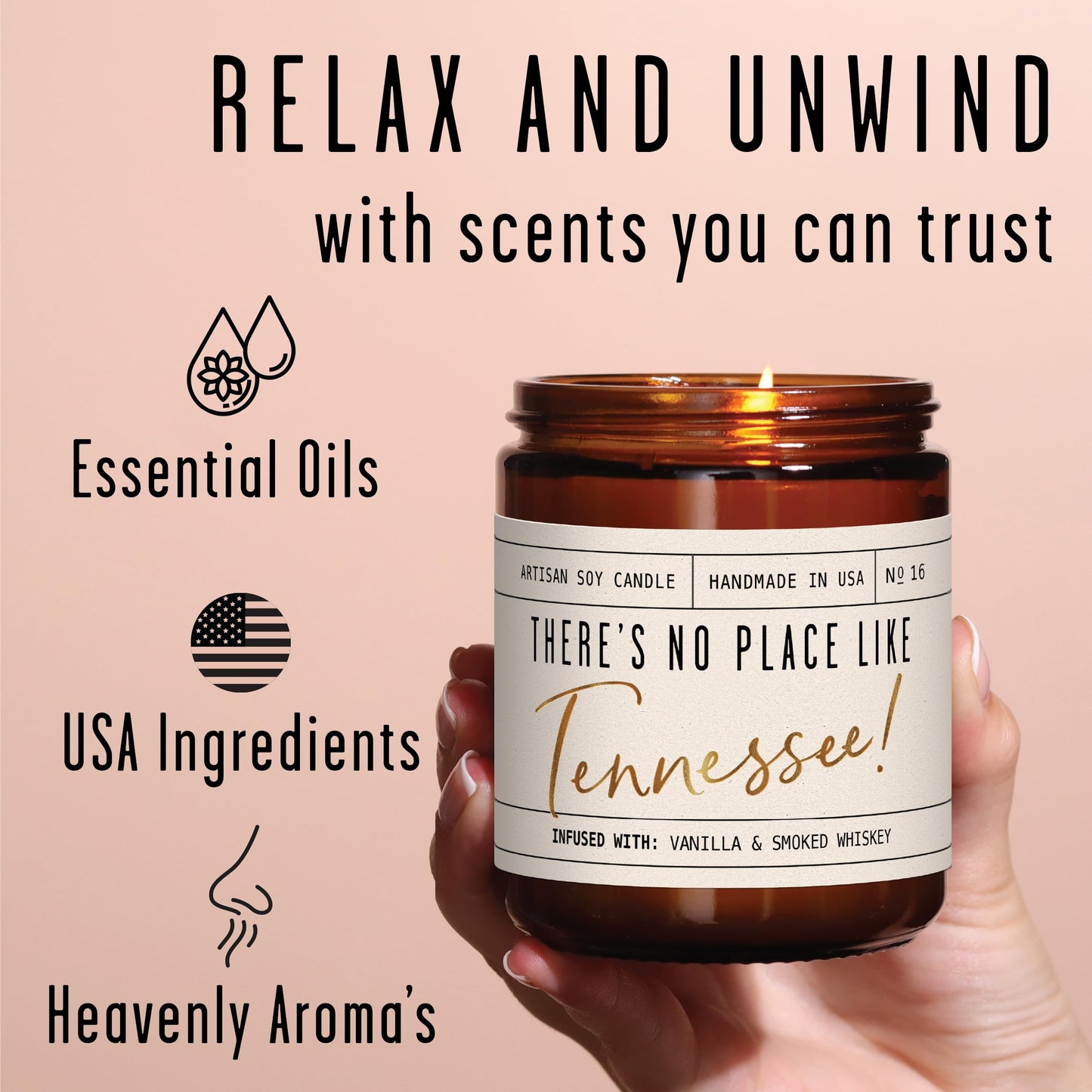 Tennessee Gifts, Tennessee Decor for Home - 'There's No Place Like Tennessee Candle, w/Vanilla & Smoked Whiskey I Tennessee Souvenirs I Tennessee State Gifts I 9oz Jar, 50Hr Burn, USA Made