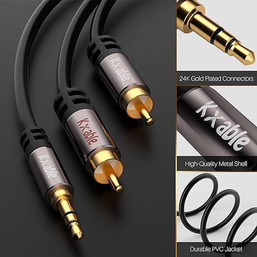Kxable 3.5mm to RCA Cable 75FT, 2 Male RCA to Aux Stereo Audio Adapter, Hi-Fi Sound Auxiliary RCA Y Splitter Cord, Shielded 1/8 to 2RCA Cable for Headphone, MP3, Tablet, Speaker, HDTV, Phone and More