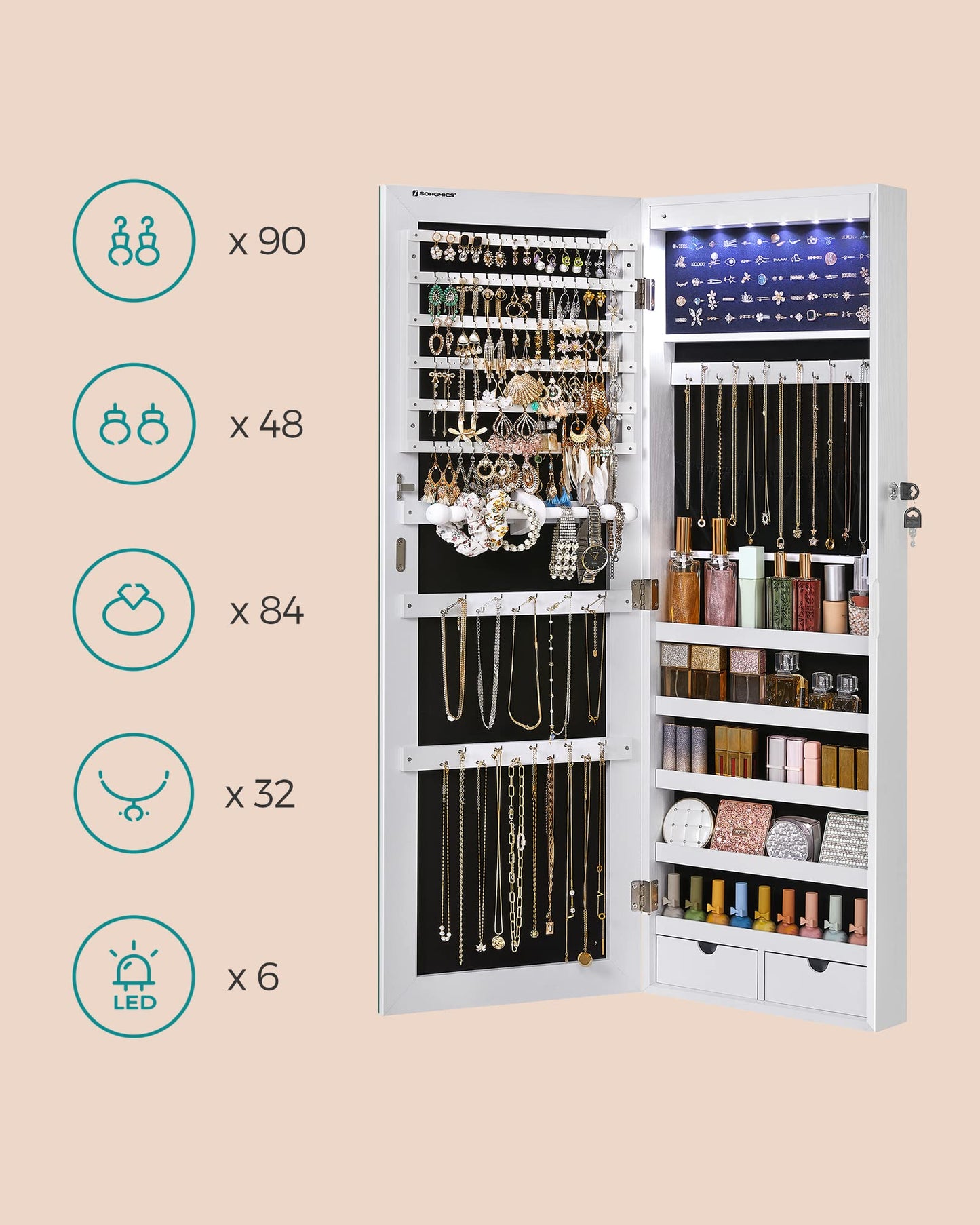 SONGMICS Hanging Jewelry Cabinet, Wall-Mounted Cabinet with LED Interior Lights, Door-Mounted Jewelry Organizer, Full-Length Mirror, Gift Idea, White UJJC99WT