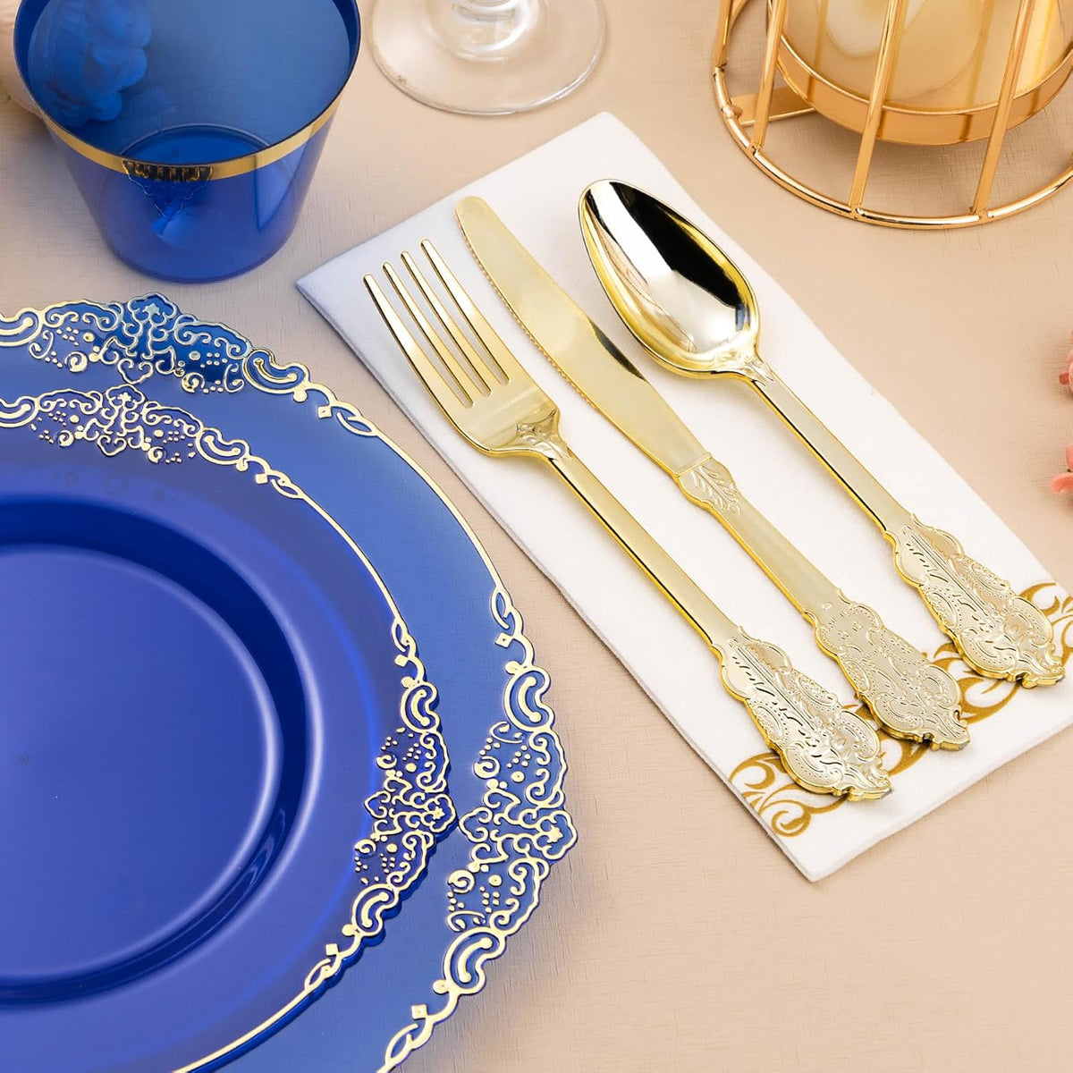 350PCS Clear Blue Plastic Plates for 50 Guests, Disposable Plates with Gold Trim include 50 Dinner and Dessert Plates, 150 Gold Silverware, 50 Cups, 50 Napkins for Party, Wedding & Graduation