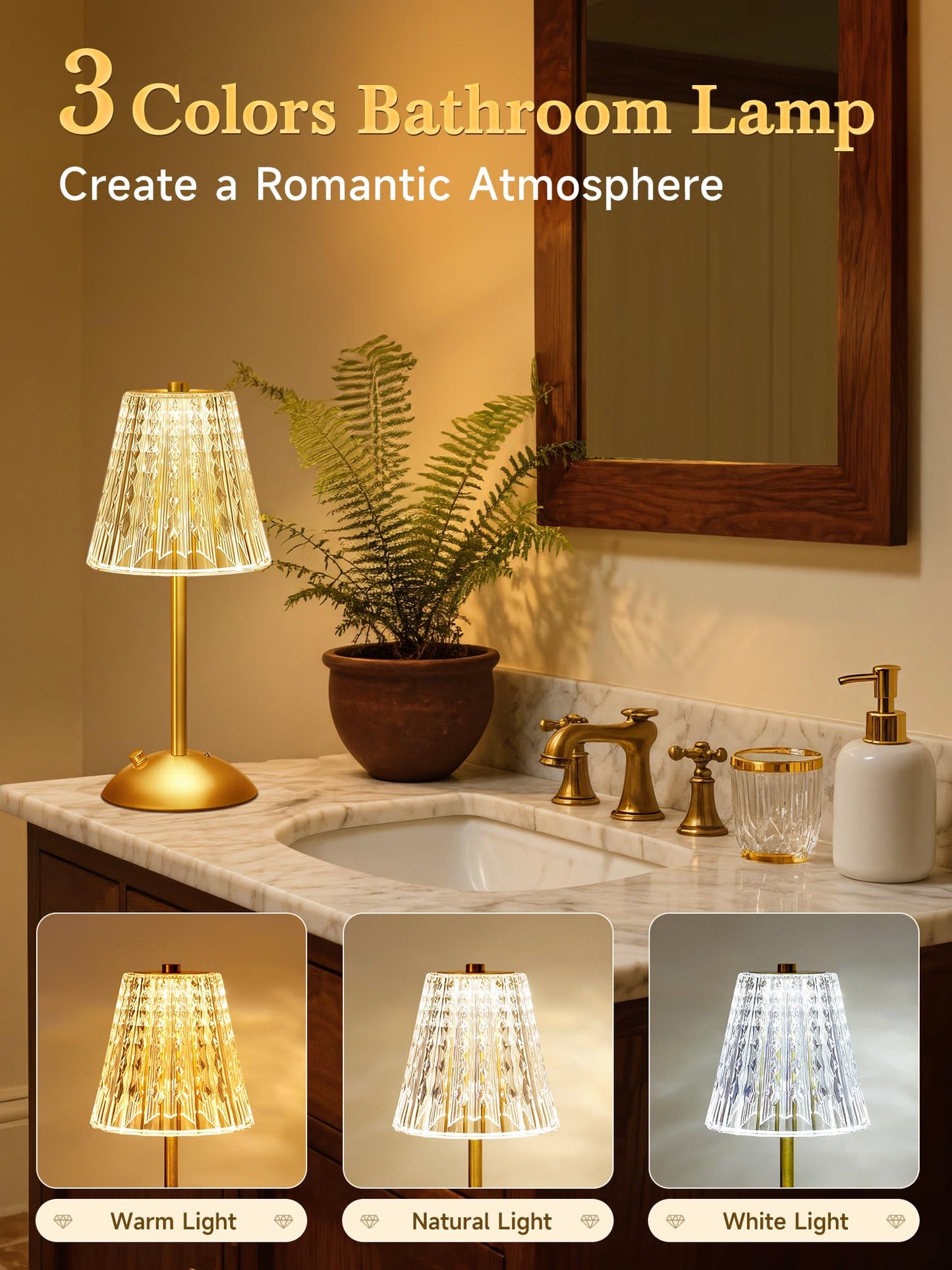 Upgraded Nightstand Lamps Set of 2, 3 Colors Dimmable Crystal Table Lamp Gold Lamp, Touch Lamp Bedroom Lamps, Rechargeable Small Lamp, Bedside Lamps Set of 2 for Bedroom Living Room Bathroom Hotel Bar