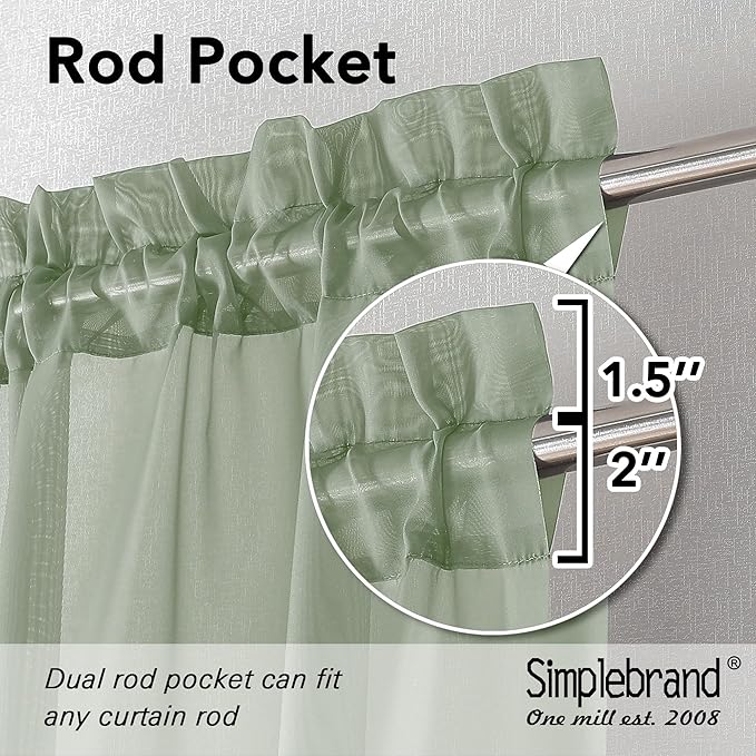 Simplebrand Sage Green Sheer Curtains 90 Inches Long 2 Panels, Light Filtering Rod Pocket Solid Color Window Sheer Curtain Panels, Elegant Curtains & Drapes for Living Room, Bedroom, 59" W x 90" L