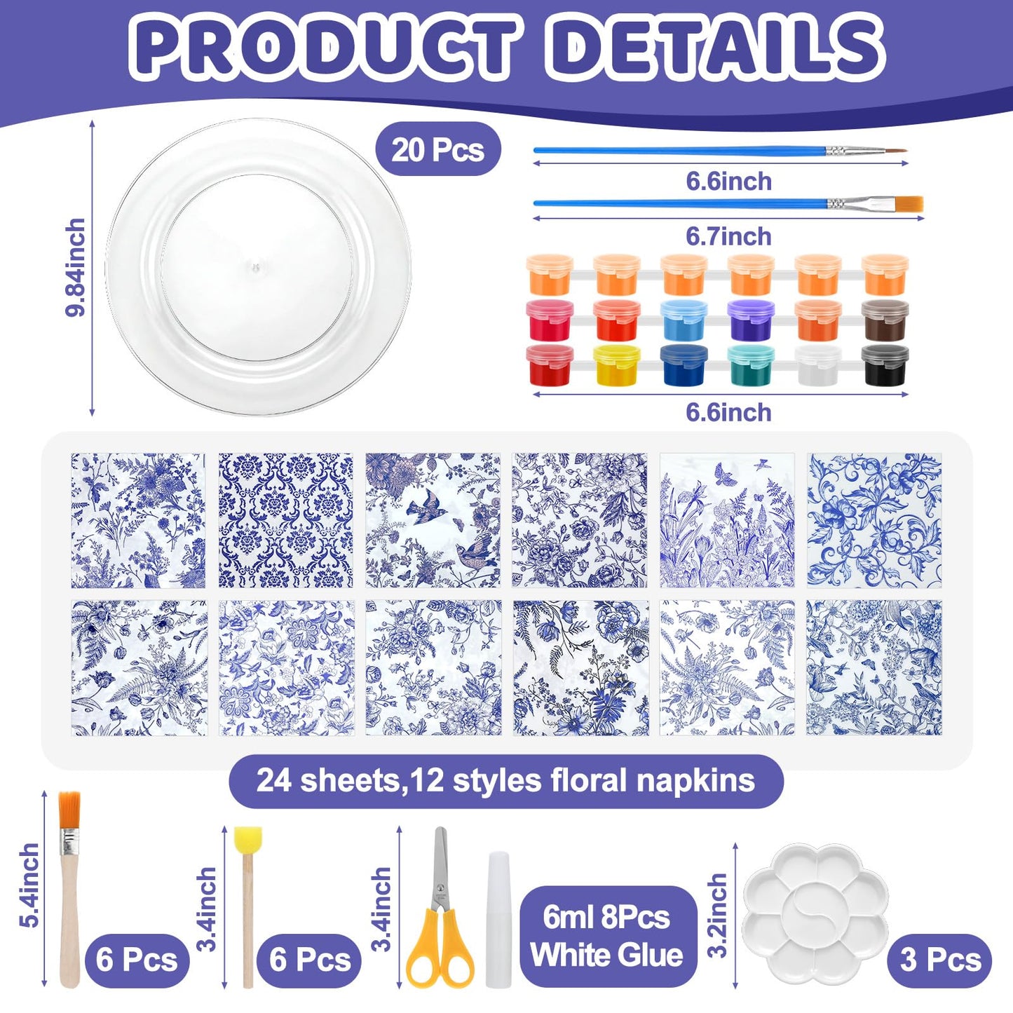 Jinei 20 Set Making Your Own Hostess Plates Painting Kit Decoupage Plastic Plate Blue Floral Decoupage Napkins Glues Brushes for Gatherings Crafts DIY Blue and White Floral Dinner Table Decor