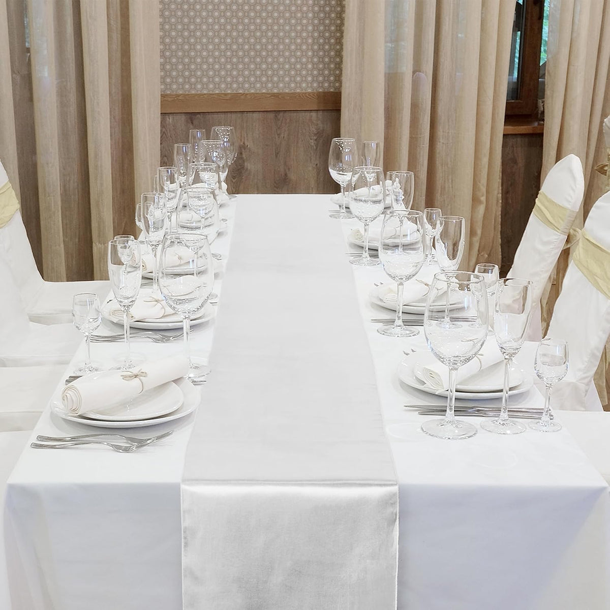 Aneco 12 Pack Satin Table Runner 12 x 108 Inch White Long Wedding Satin Silk Table Runner for Wedding Banquet Graduations Birthday Party Decoration