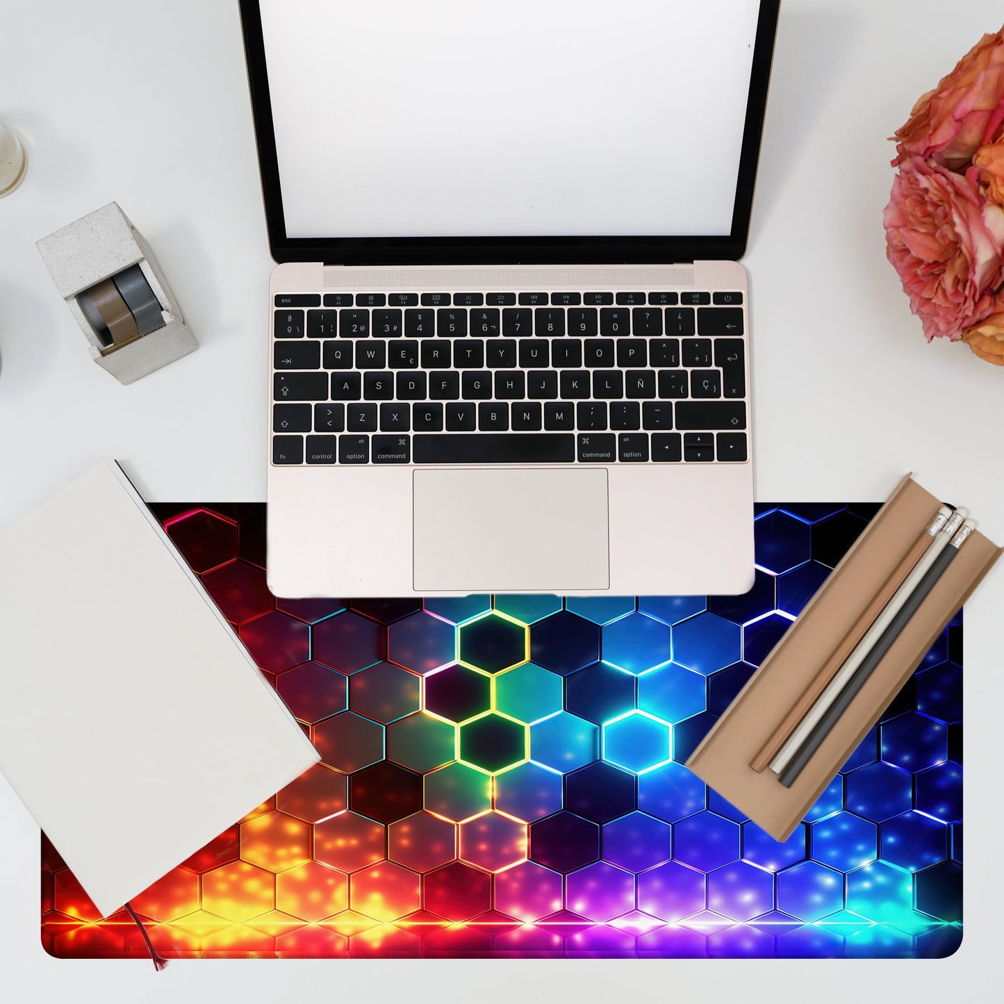 KOAIWPAE Desk Mat, Colorful Honeycomb Technology Desk Pad,Hexagonal Honeycomb Large Gaming Mouse Pad for Desk,31.5"x15.7" Extended Big Computer Keyboard Mouse Pad with Non-Slip Base and Stitched Edge