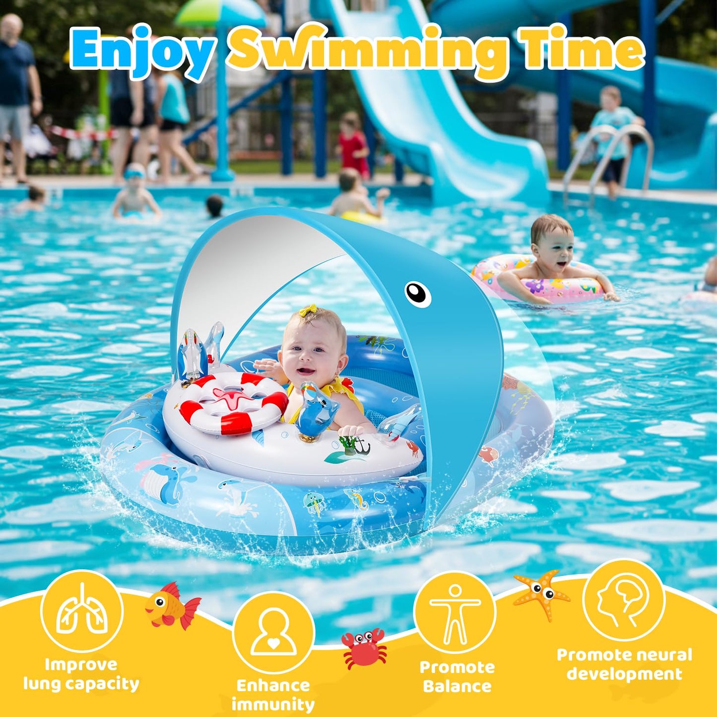 GleamJoy Baby Pool Float with UPF50+ Sun Protection Canopy, Inflatable Swimming Float for Baby 6-36 Months