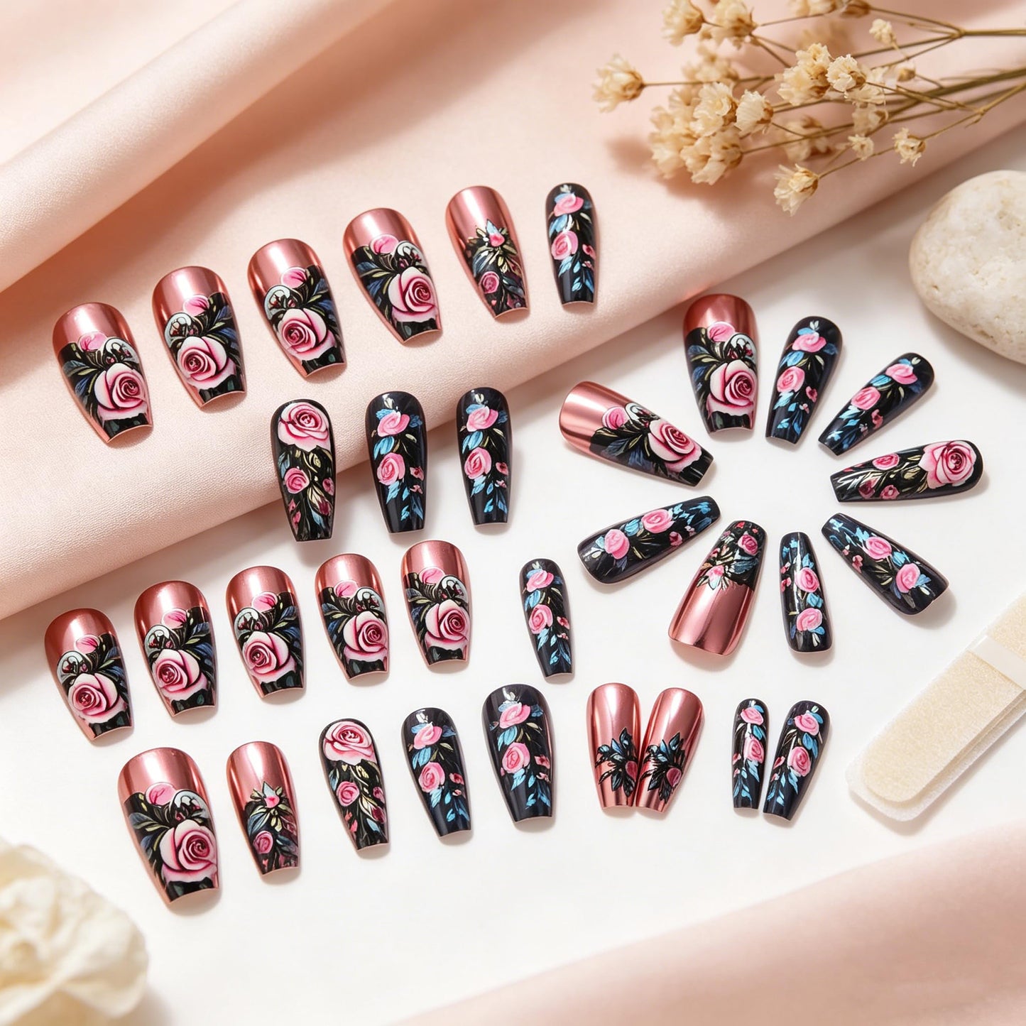 BABALAL Long Coffin Press On Nails, Romantic Rose Fake Nails with Pink Chrome Metallic & Floral Print, Black Acrylic Stick On Nails for Women 24Pcs