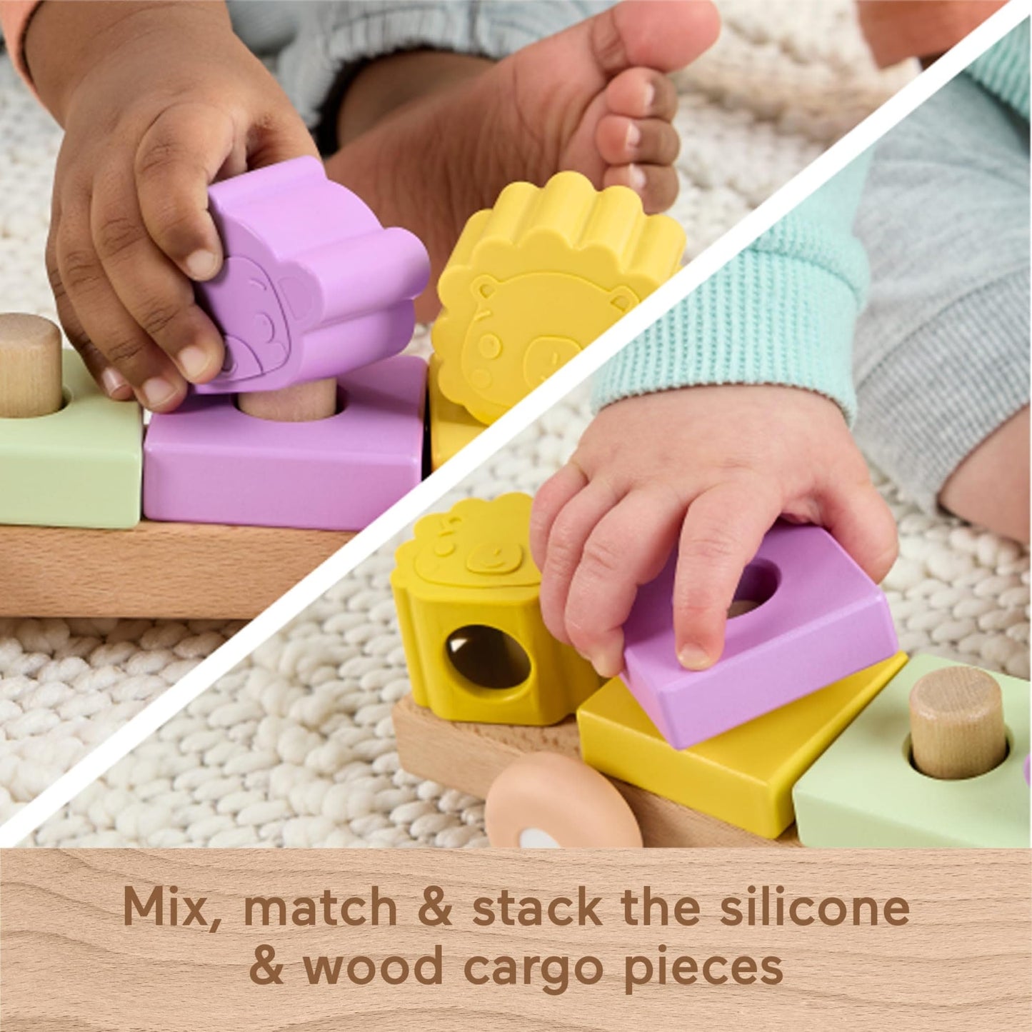 Fisher-Price Wood Baby Toy Stacking Train, 9-Piece Activity with Silicone & Wooden Blocks for Infants & Toddlers Ages 9+ Months