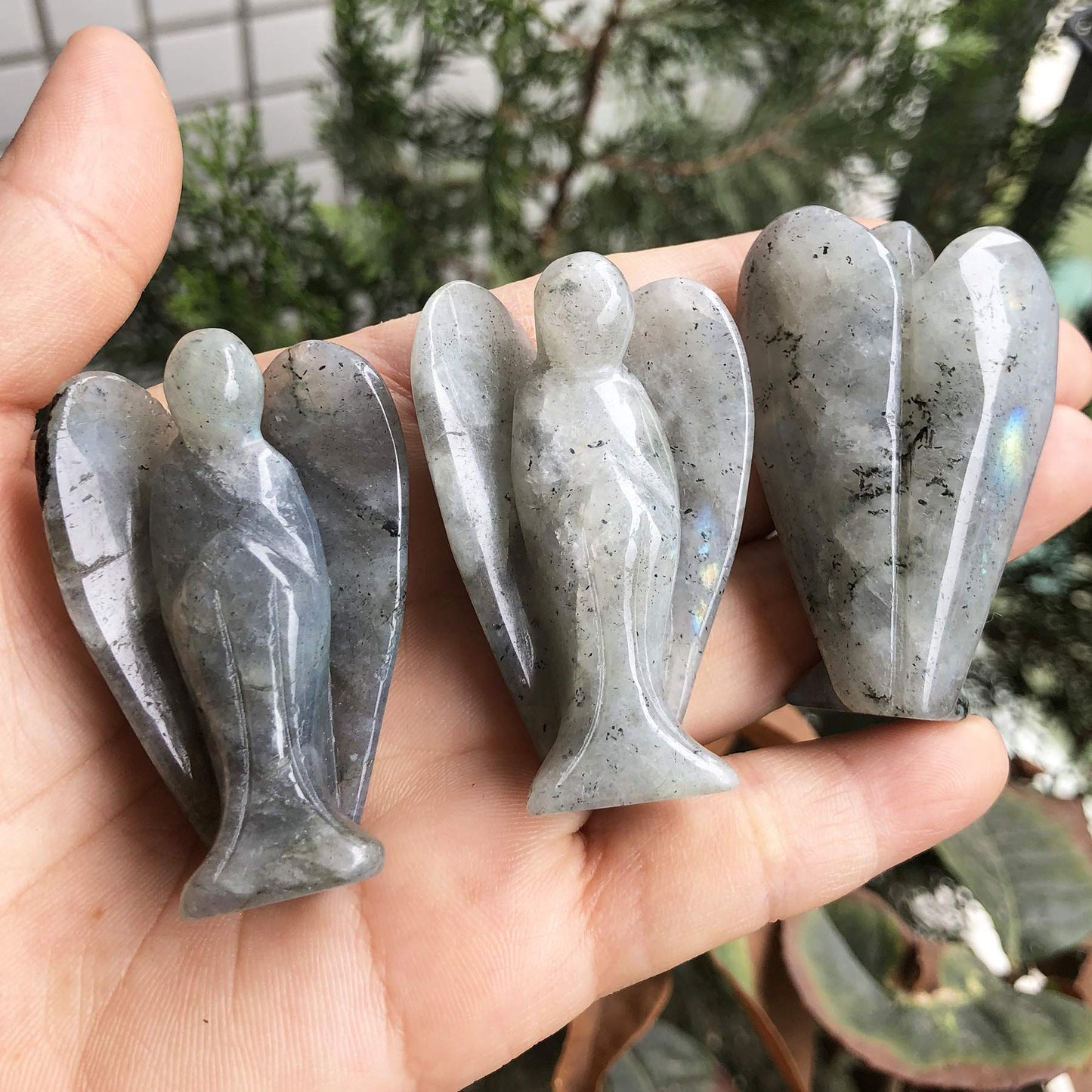 favoramulet 2 Inches Moonstone Crystal Pray Guardian Angel Statue, Carved Healing Peace Angel with Wing Figurine Pocket Stone