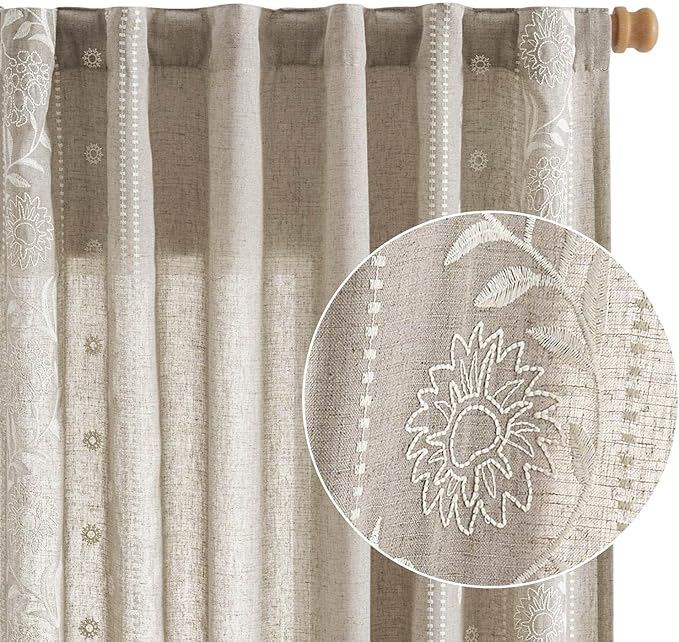 jinchan Winslow Linen Curtains for Bedroom 63 Inches Length Embroidered Bordered Floral Curtains for Living Room Farmhouse Decor Light Filtering Window Treatments Ivory on Taupe Drapes 2 Panels