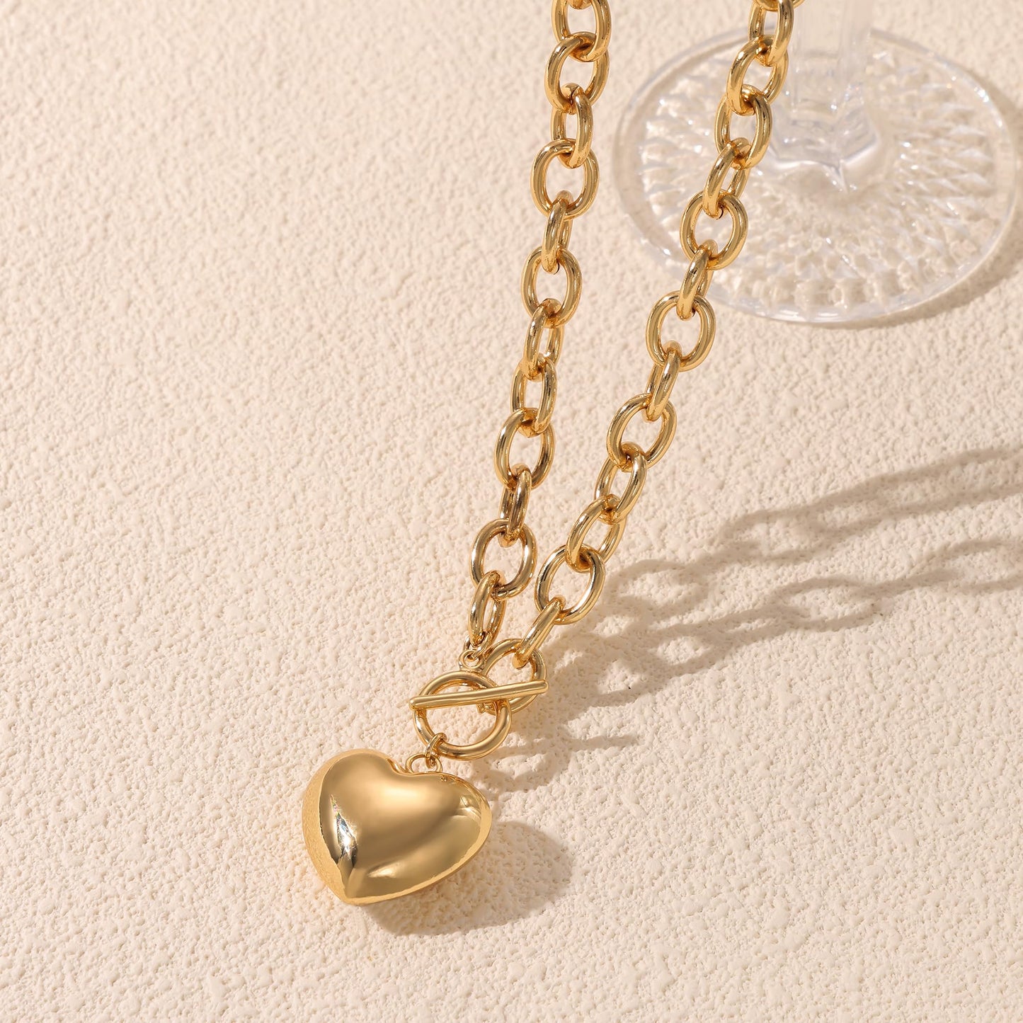 Freekiss Chunky Paperclip Necklace with Heart Pendant - 14K Gold Plated Trendy Toggle Choker for Women, Hypoallergenic Dainty Jewelry Gift for Her