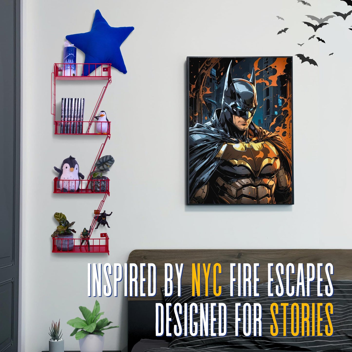 4 Tier Fire Escape Wall Shelf – New York Decorative Floating Shelf – Wall Art Ladder Shelf – Red Metal Trinket Shelves for Bedroom, Home, Office, Storage and Display