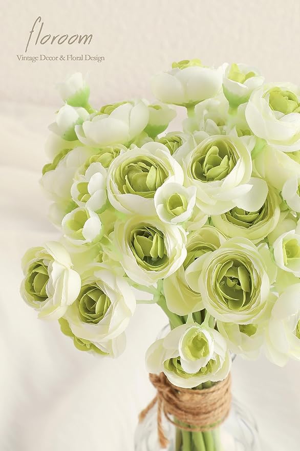 Floroom Ranunculus Artificial Flowers 18 Pcs Green Faux Silk Mini Ranunculus Bulk Fake Wedding Filler Flowers for DIY Bouquets, Centerpieces, Bridal Shower Decorations & Arrangements