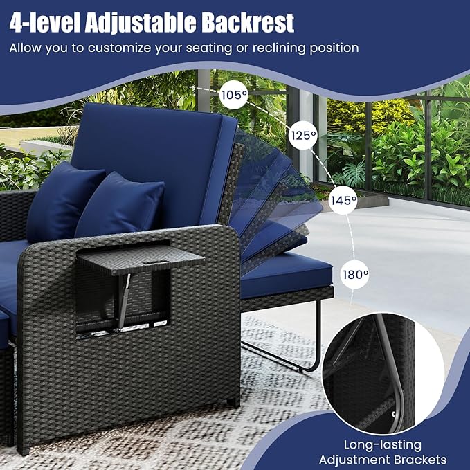 HAPPYGRILL Patio Rattan Wicker Daybed with Loveseat & Storage Ottoman, Outdoor Lounge Sofa Furniture Set with Adjustable Backrest & Side Trays, for Poolside Deck Porch Lawn (Black & Navy)