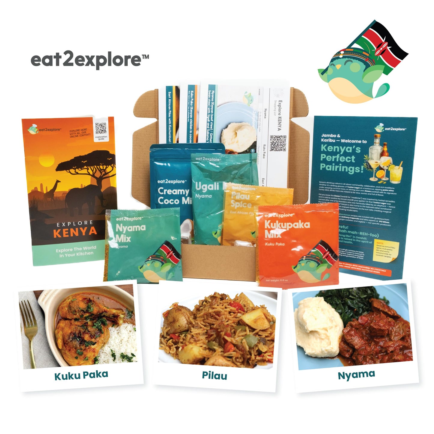eat2explore Global Cooking Kit - Authentic Recipes, Essential Spices, Cultural Fun & Expert Drink Pairings - Perfect for Date Night and Dinner Parties (KENYA edition)