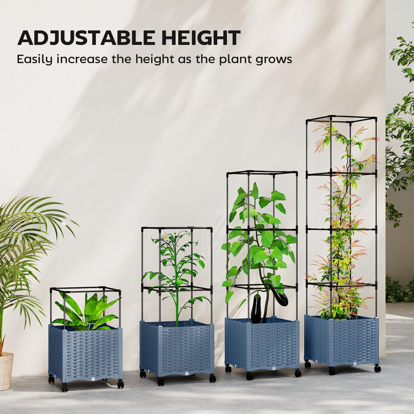 Outsunny Raised Garden Bed with Trellis, 71.7" Tomato Cage with Lockable Wheels, Self Watering Outdoor Planter Box with Drainage Holes and Plugs for Climbing Plants, Vines, Vegetables, Flowers, Gray