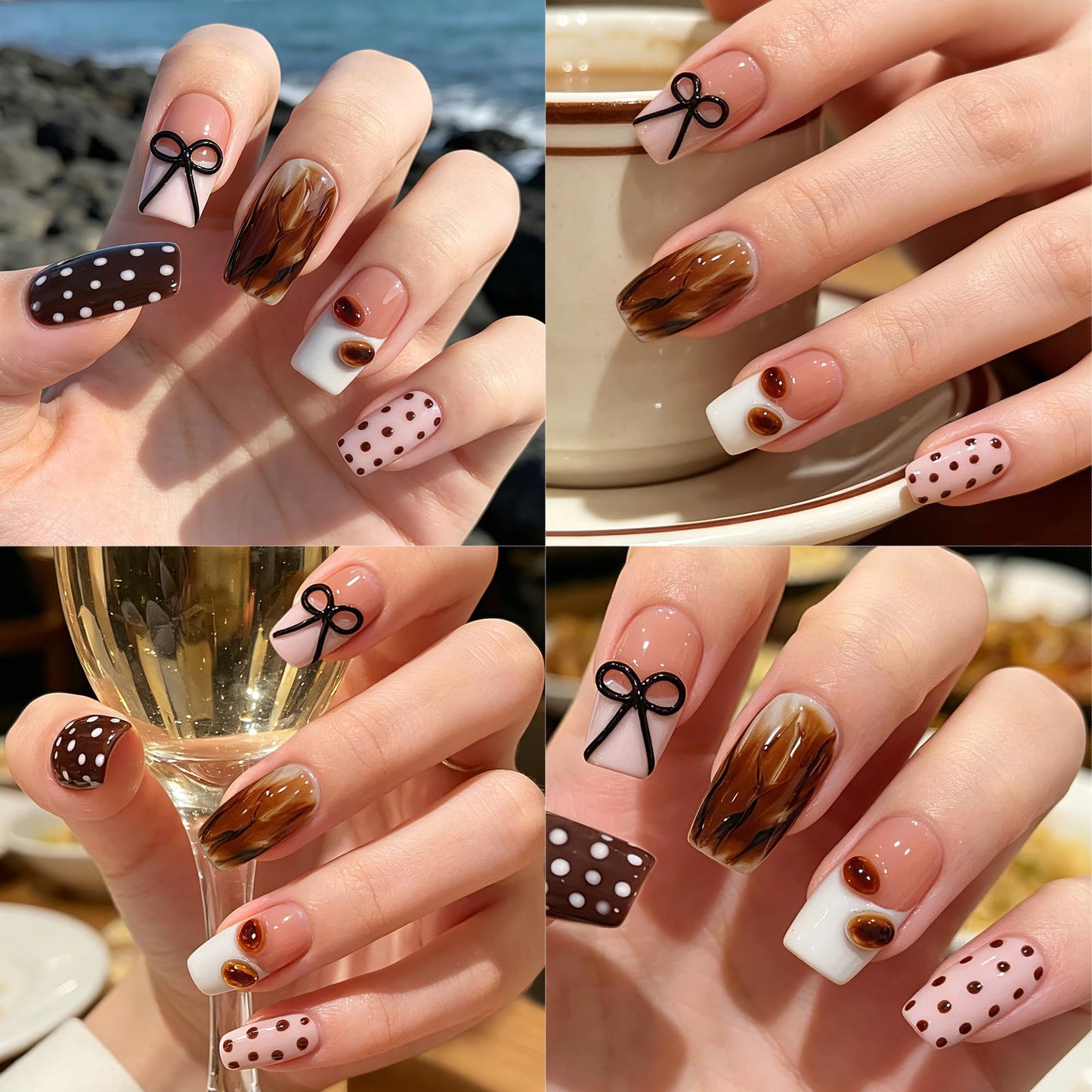 TENPAL Pink Coffee French Tip Press on Nails Medium Square, Polka Dot Ombre 3D Coffee Bean Cute Sweet Girly Reusable Salon False Nails for Daily Wear 10PCS(M)