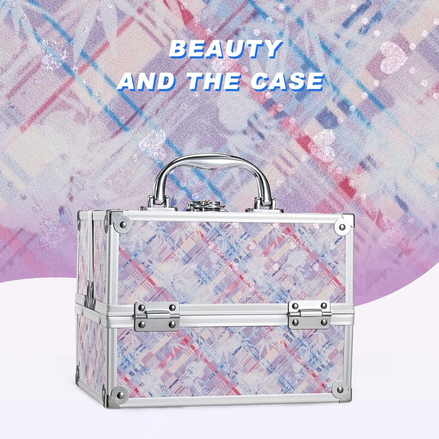 FRENESSA Makeup Train Case 8.85 Inch Portable Makeup Case Organizer Cosmetic Box Make Up Box Makeup Organizer Cosmetic Storage Cases with Locking Nail Kit Organizer Small Travel Case Pink Plaid