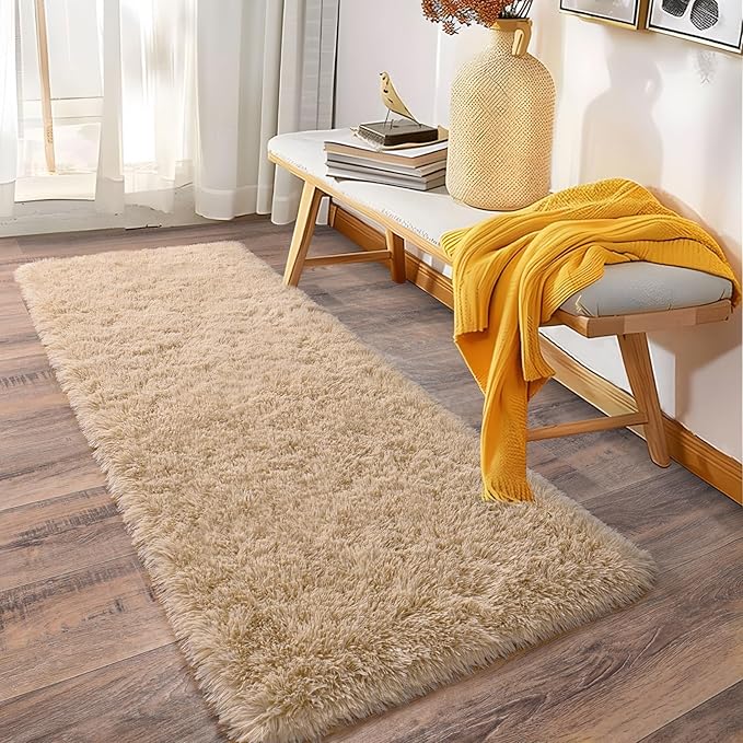 Fluffy Shag Runner Rugs for Bedroom Hallways, 2x8 Beige Long Soft Throw Area Rug Non Slip for Bedside Dorm, Shaggy Furry Carpet for Nursery Living Room Home Decor