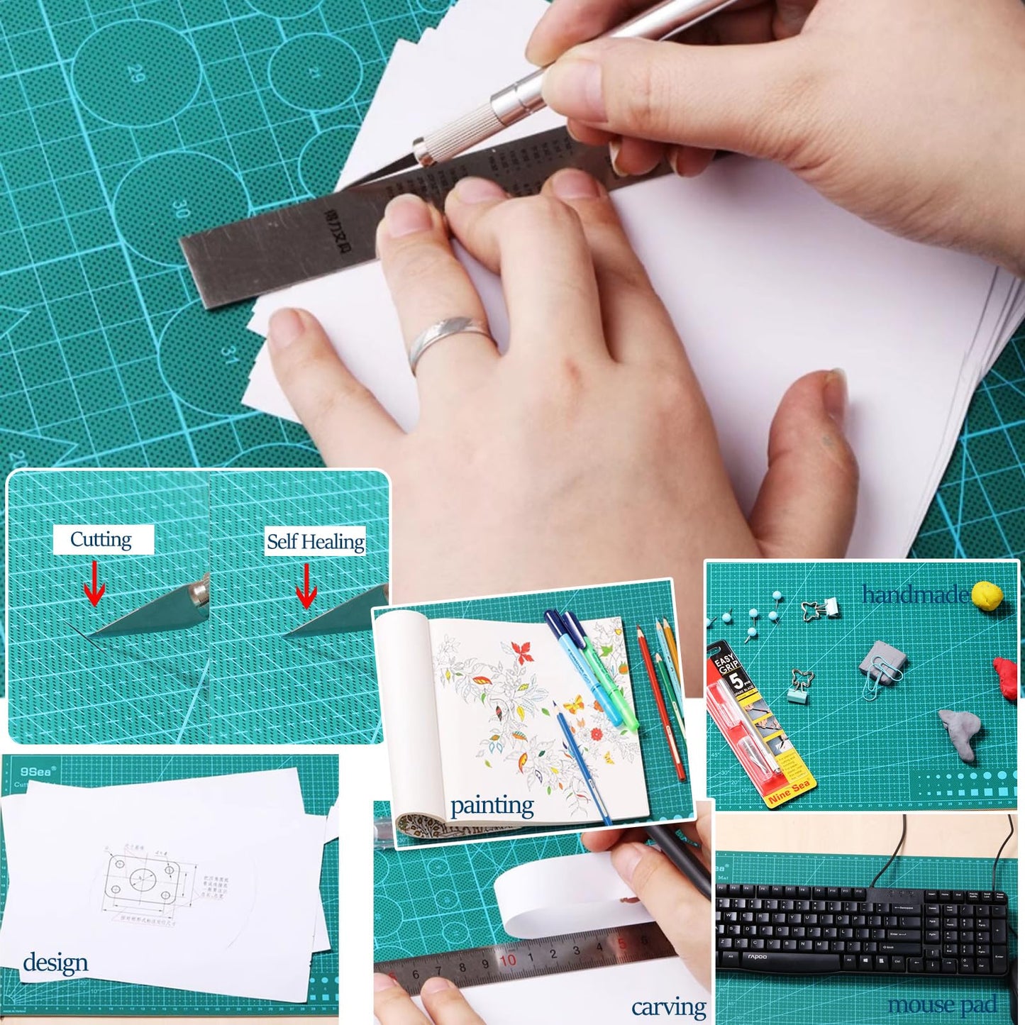 Self Healing Cutting Mat with Grid for Handmade Paper Cutting, Leather Crafts, Carving, Desktop Protectors 5-Ply Quilting Board A4-30x22x0.3cm(11.81x8.66x0.118in Green)