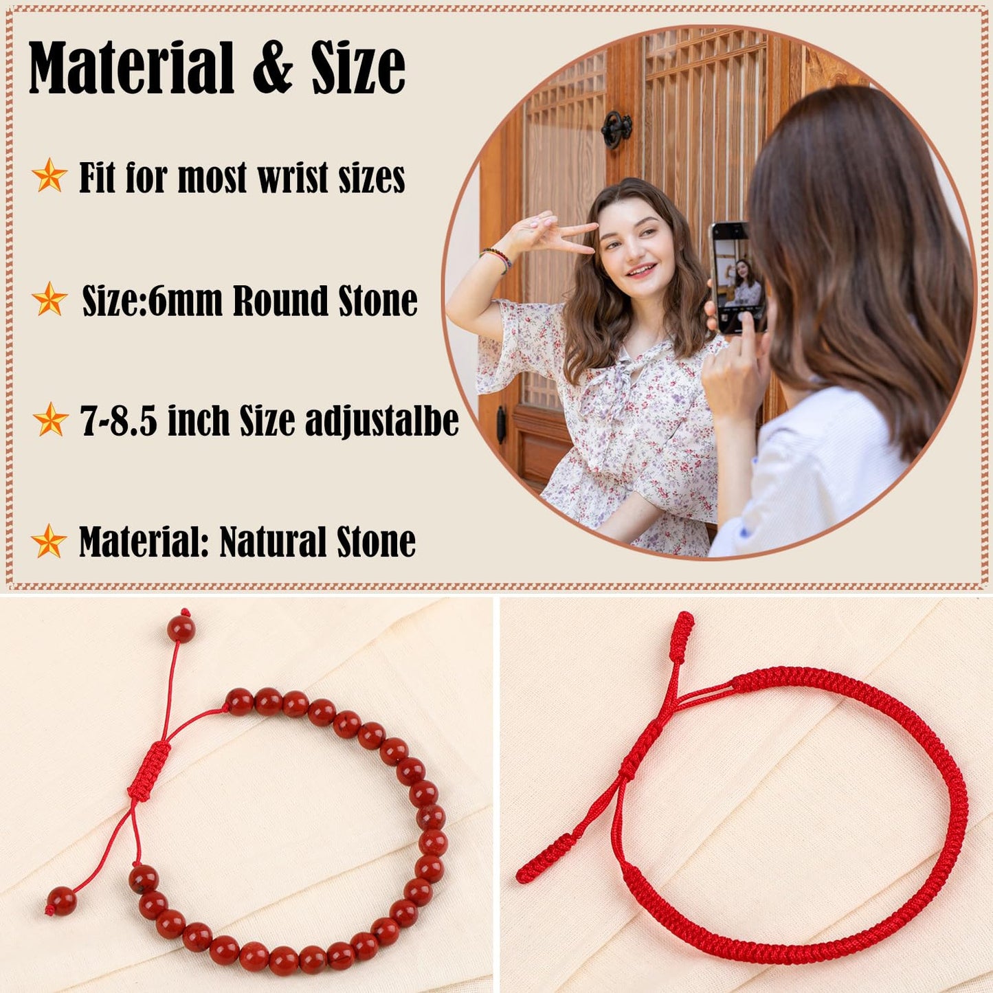 LPBeads 6mm Red Jasper Bracelet with Handmade Rope Bracelet Size Adjustable Natural Stone Crystal Healing Bracelets Gifts for Unisex Adults