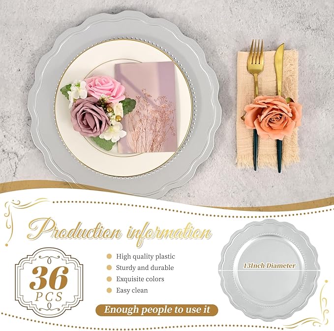 36 Pcs Silver Charger Plates with Wavy Edges, 13 Inch Round Bulk Charger Plate,Elegant Reusable Plastic Dinner Chargers Plates for Wedding Holiday Party Baby Shower Event Decoration (Silver)